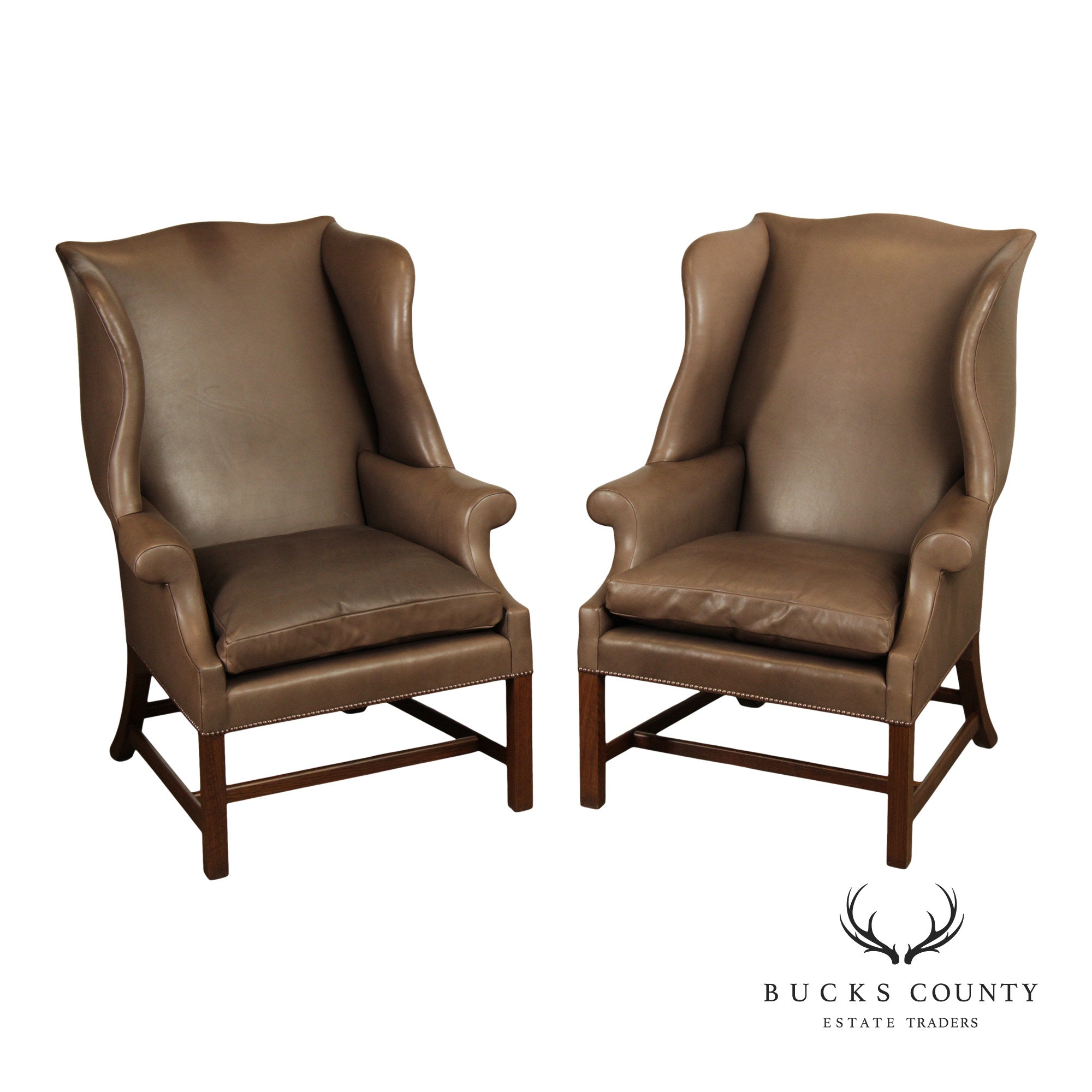 Chippendale Style Pair of Leather Wing Chairs