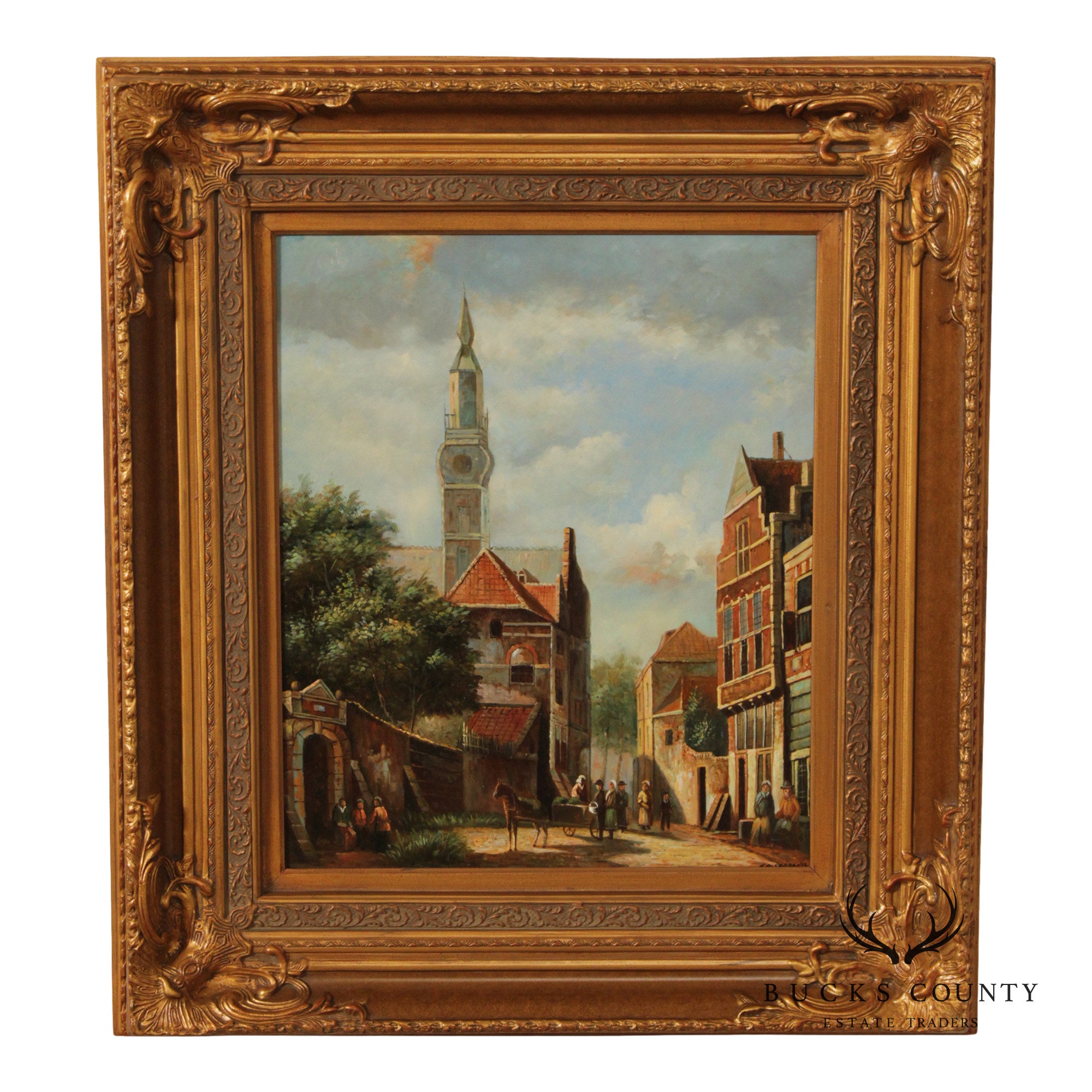 Italian Village Scene Oil Painting, Signed