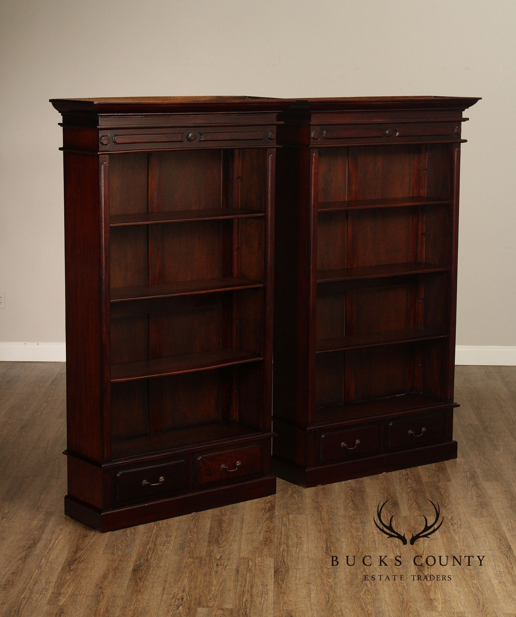Mahogany Pair Of Tall Open Bookcases With Drawers