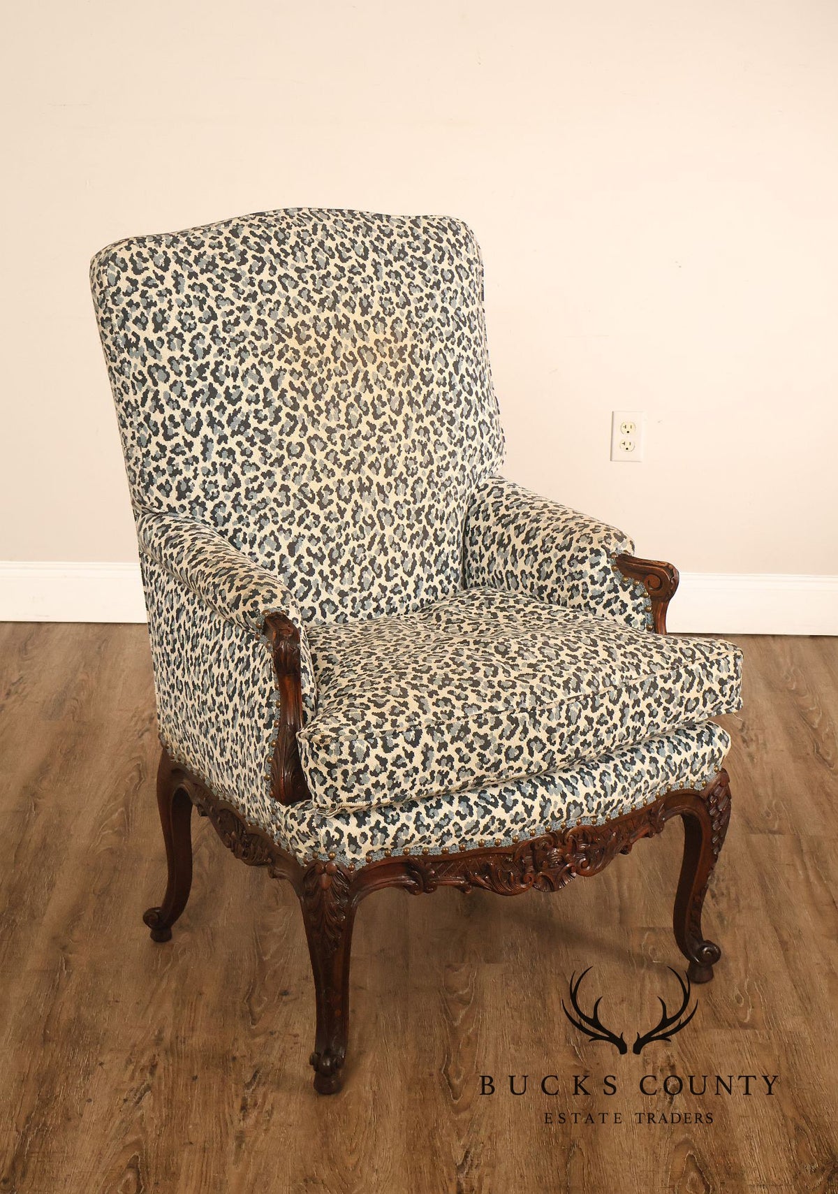 Vintage French Louis XV Style Carved Wood Leopard Upholstered Bergere Armchair