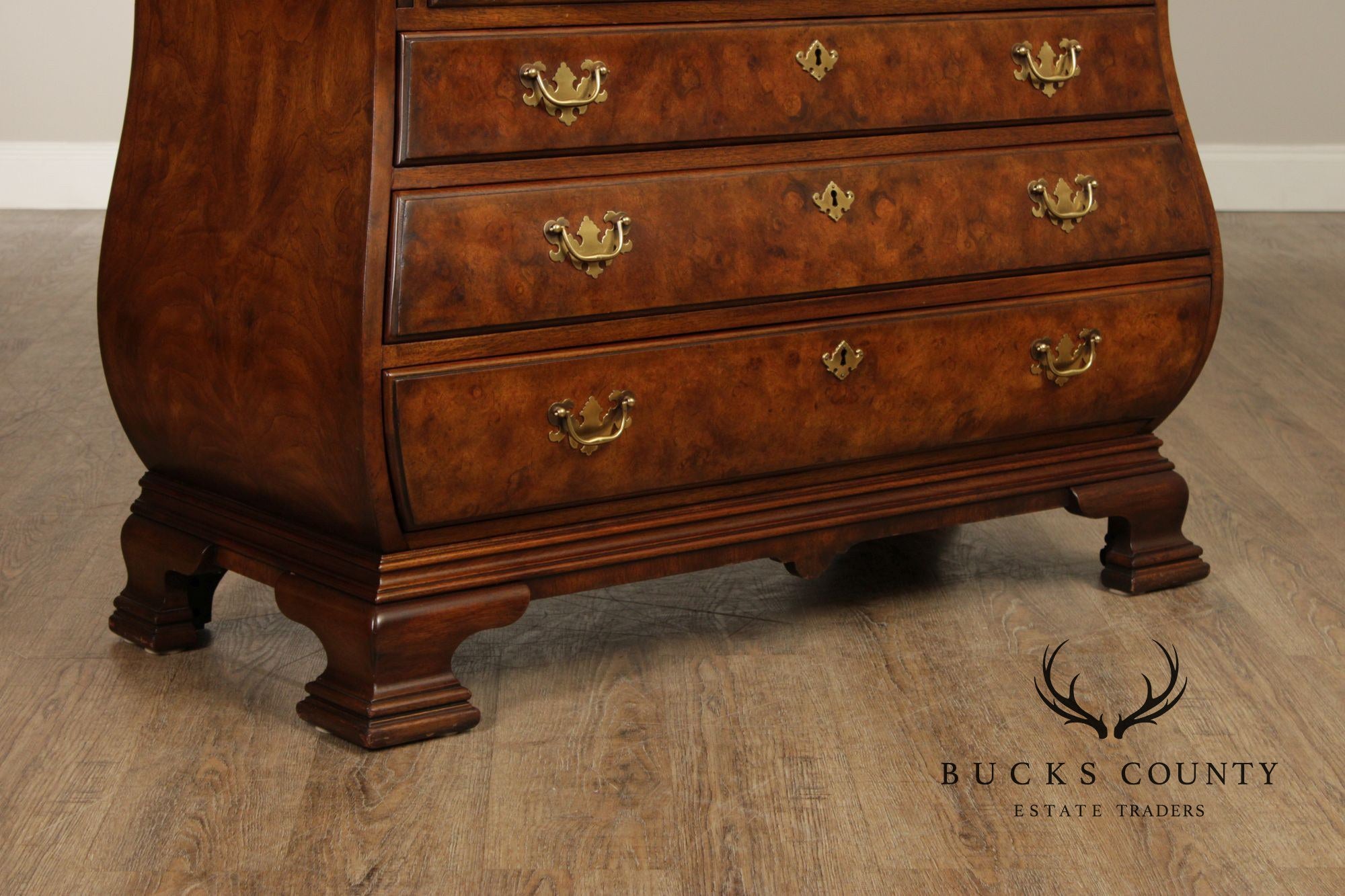 Chippendale Style Burled Walnut Bombe Secretary Desk Bookcase By Heritage Heirloom