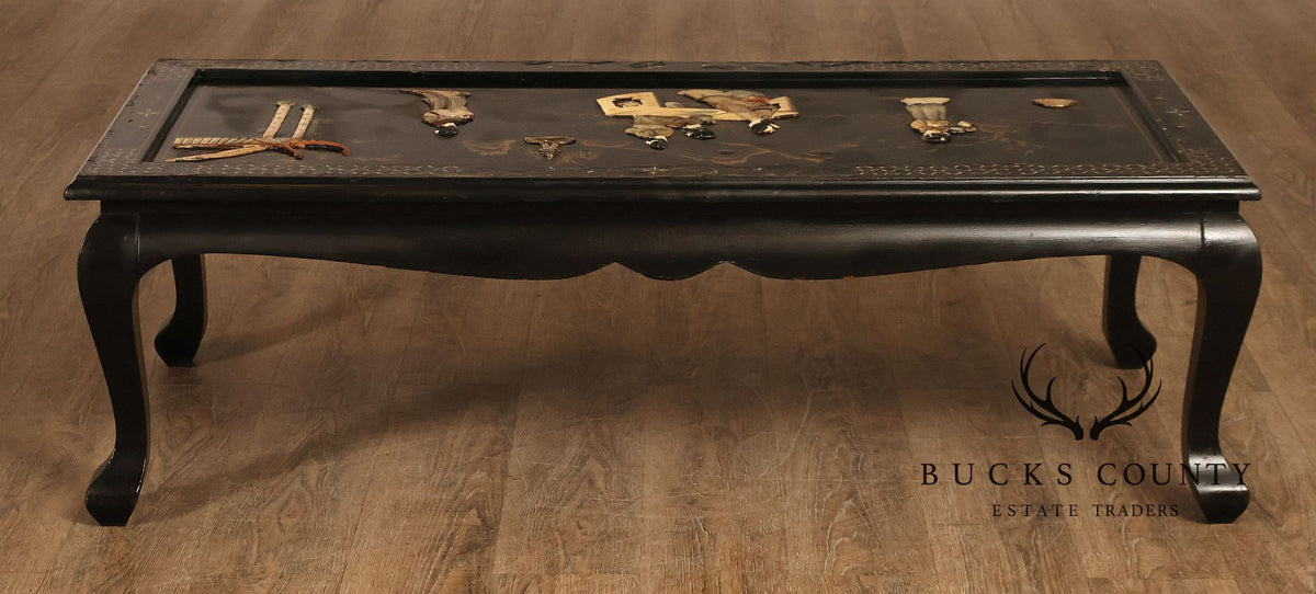 Asian Inspired Black Lacquer Coffee Table With Figural Inlay
