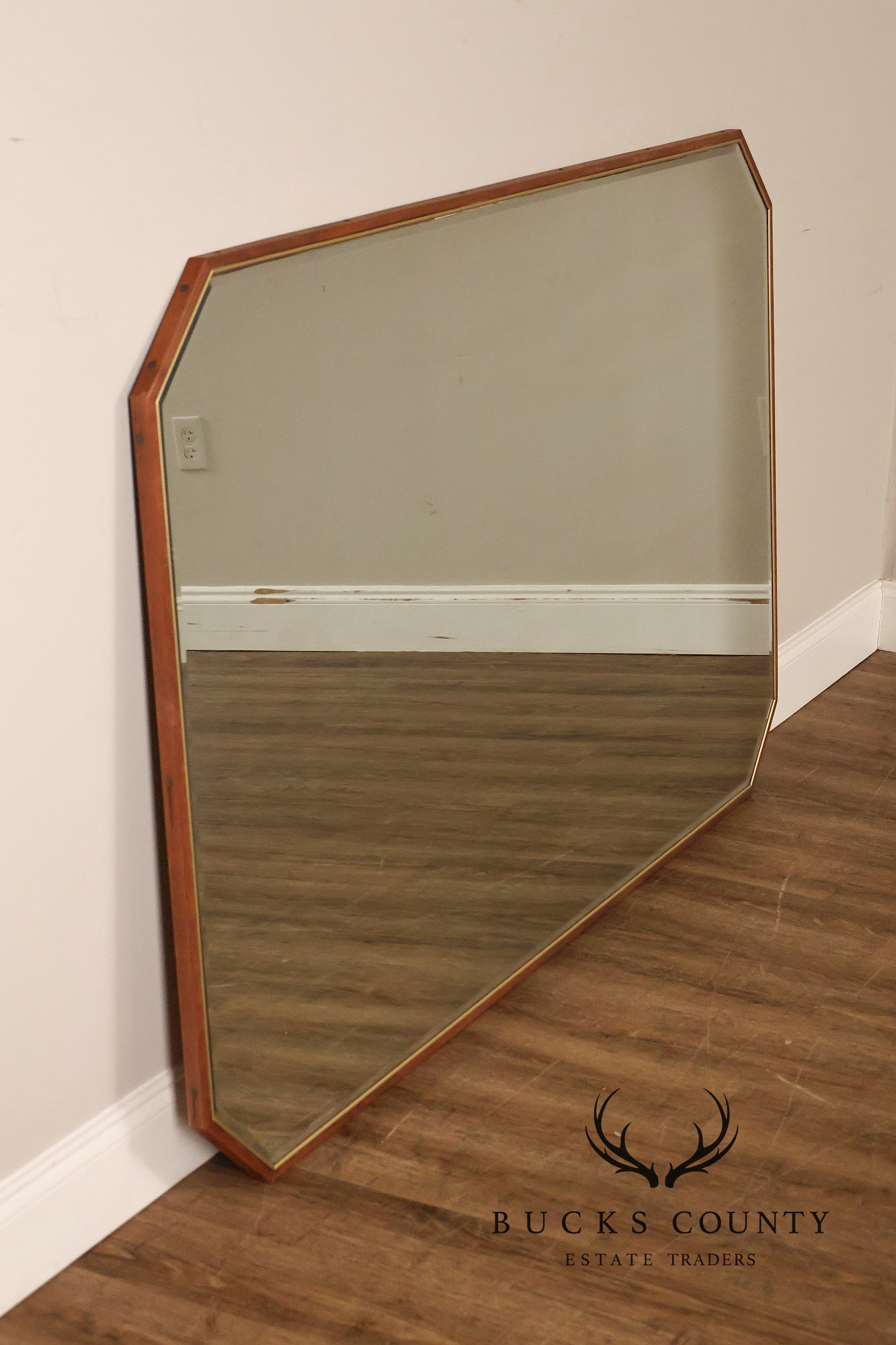 Mid Century Modern Walnut Frame Large Octagonal Wall Mirror