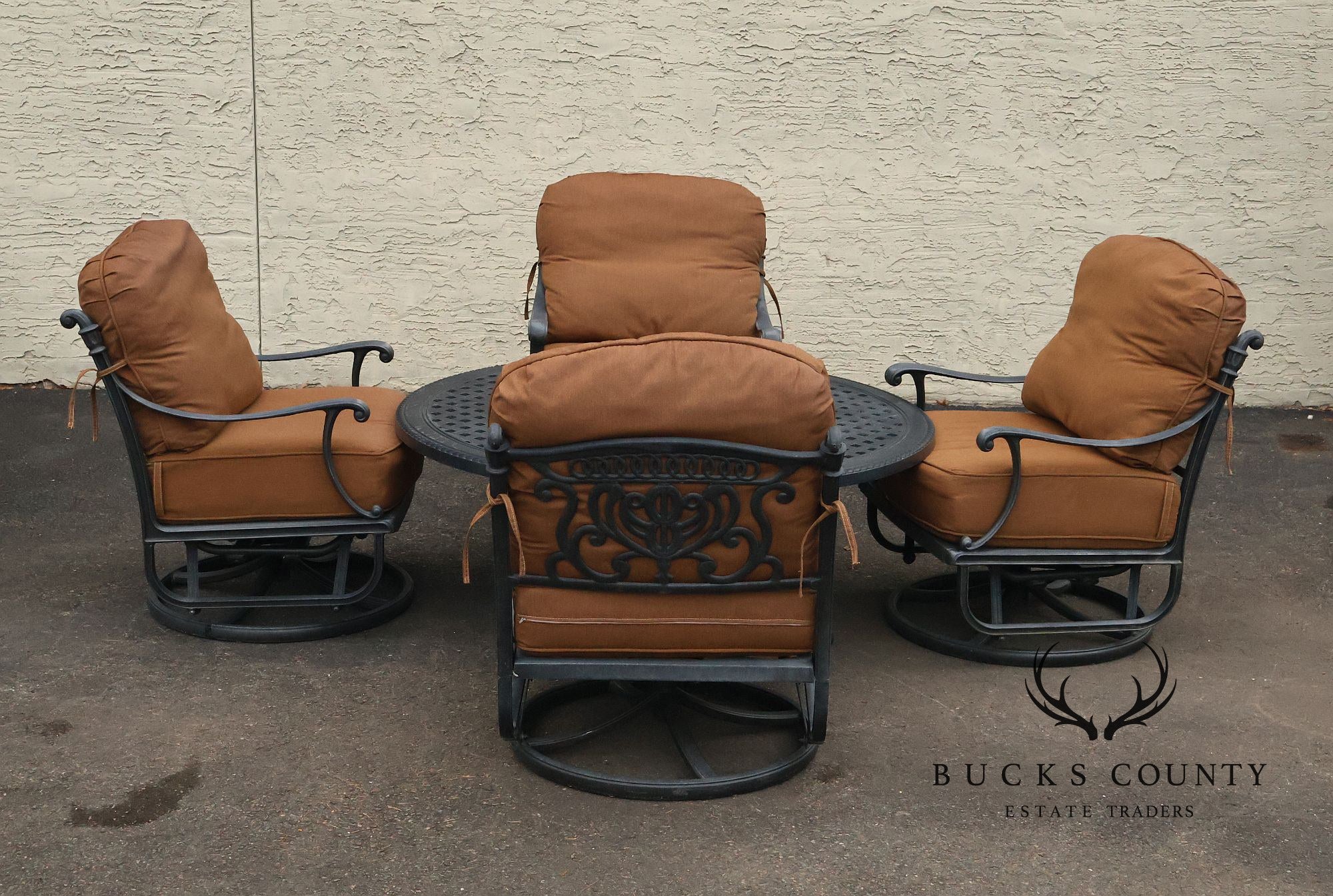 Cast Aluminum Patio Fire Pit Coffee Table With Four Swivel Lounge Chairs