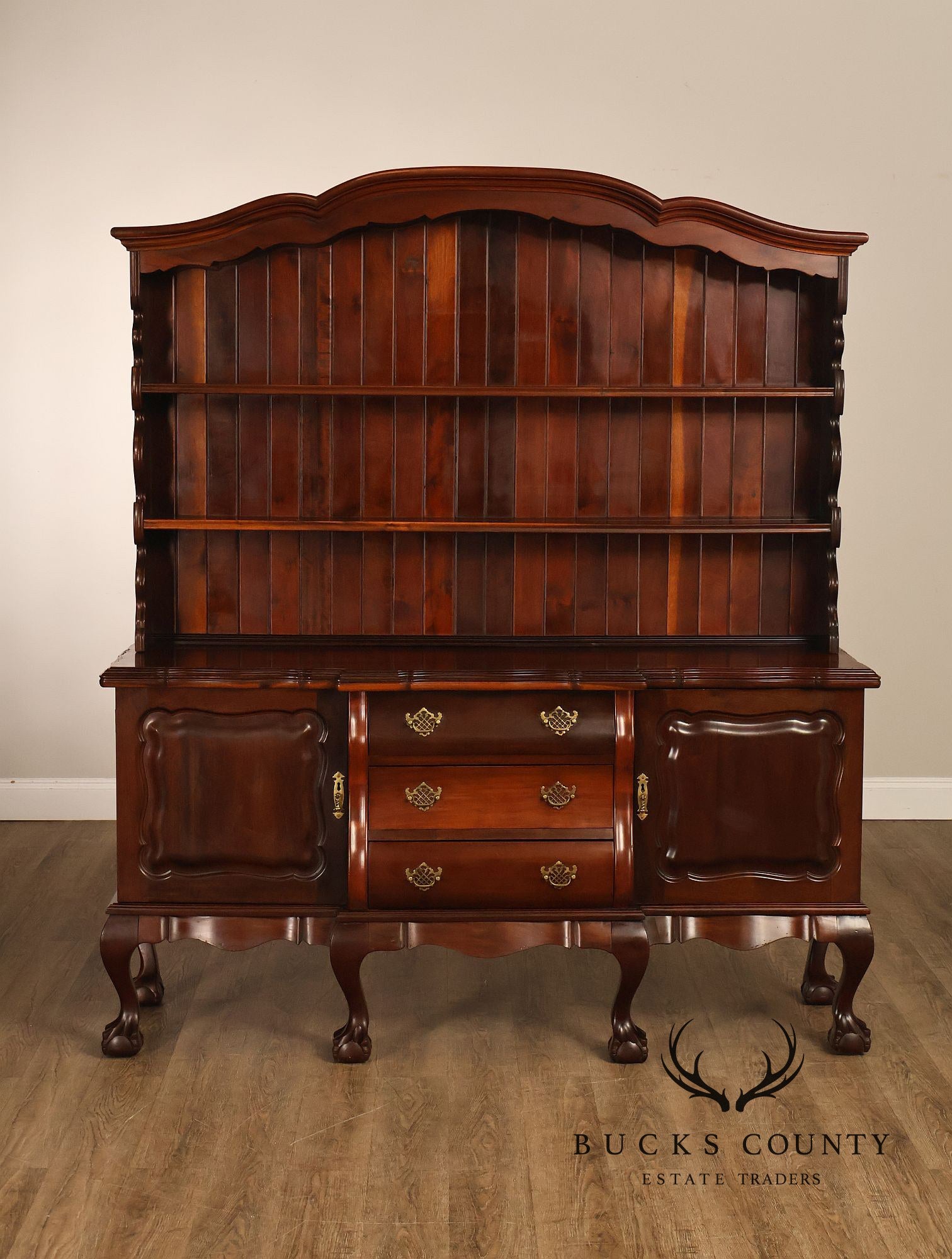 Queen Anne Style Welsh Two Piece Open Hutch Cabinet With Carved Claw & Ball Feet