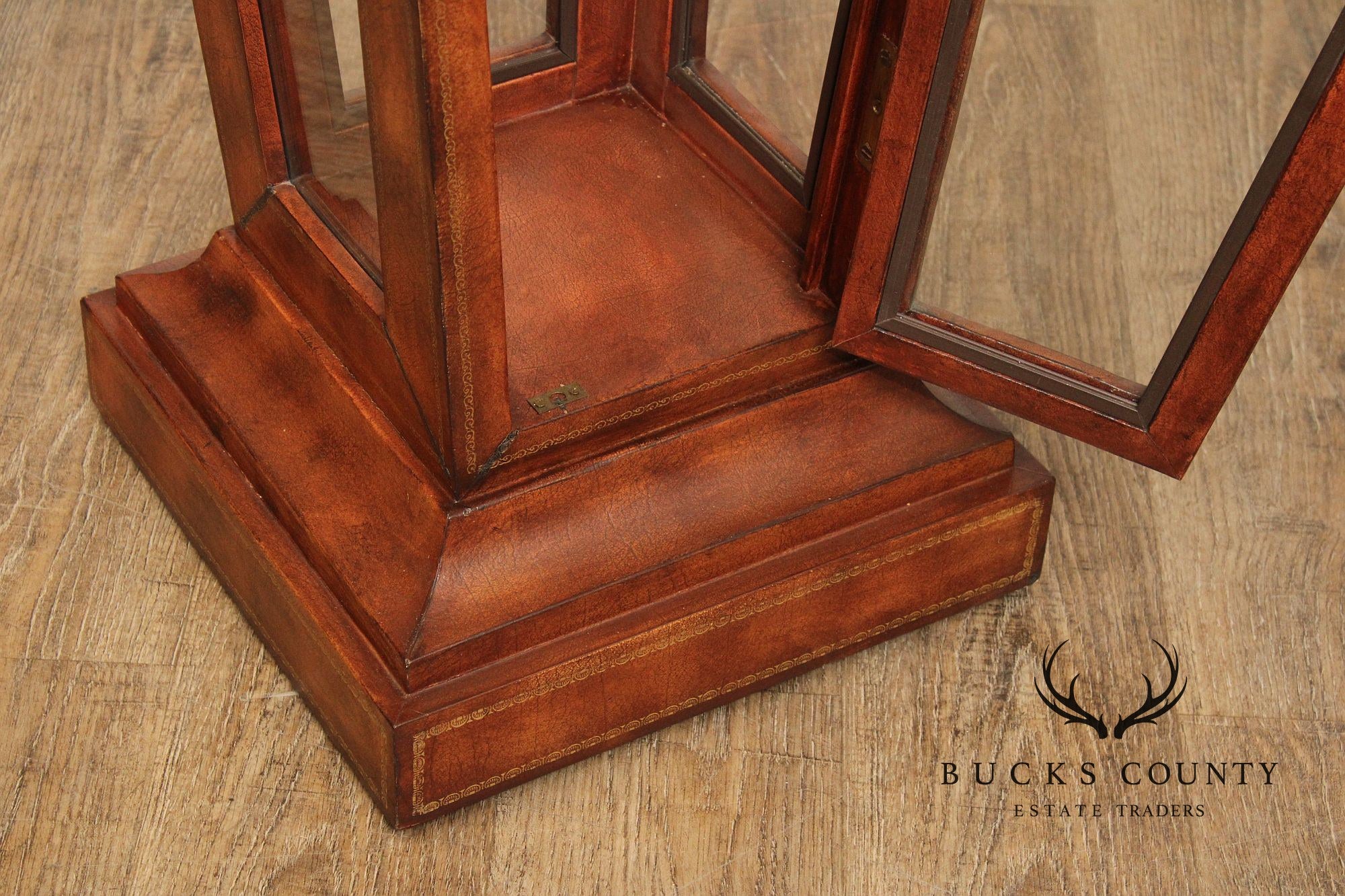 Maitland Smith Leather Wrapped Pedestal Display Cabinet