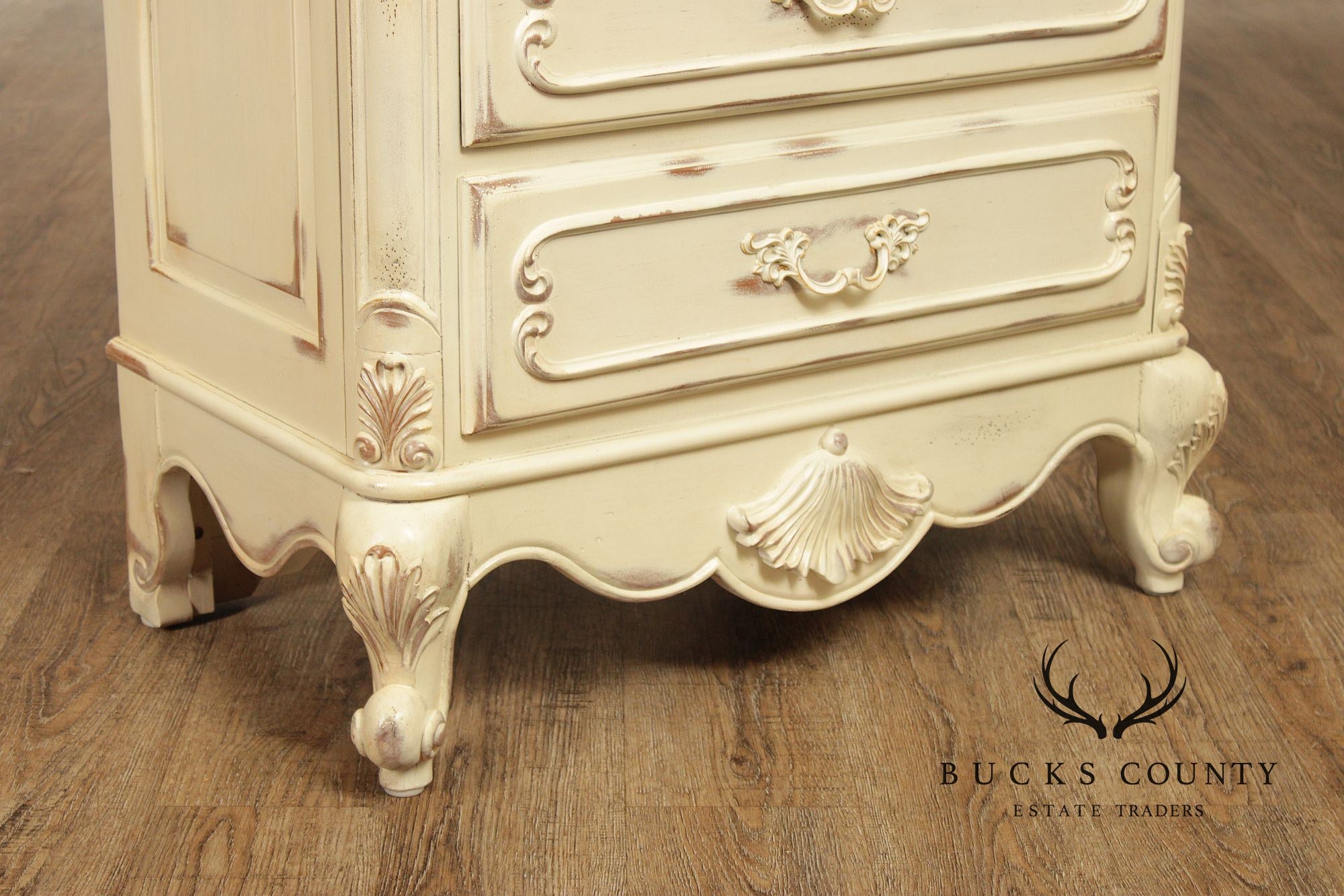 Lane French Provincial Style Pair of Distressed Cream Painted Nightstands