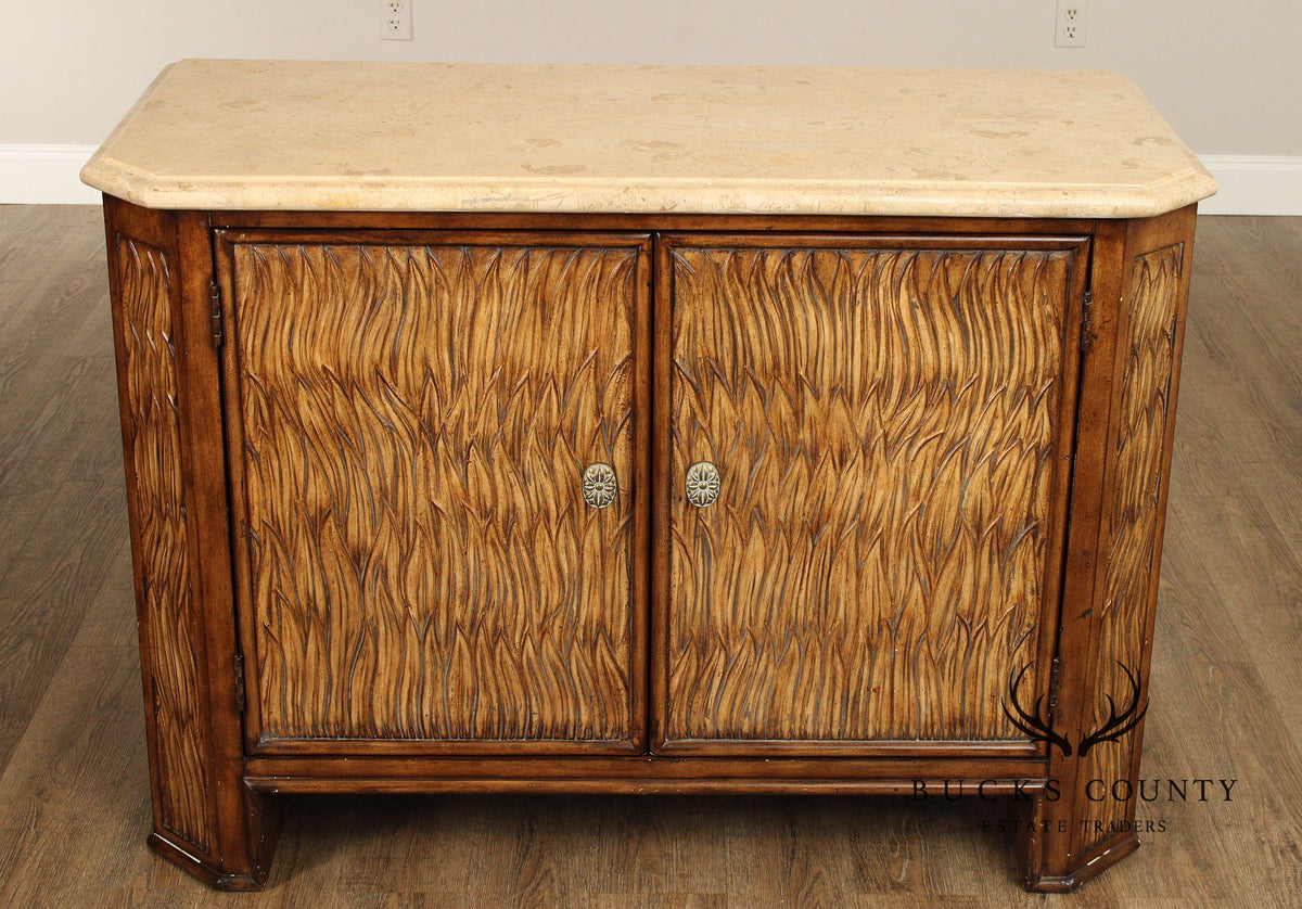 Hollywood Regency Travertine Top Console Cabinet