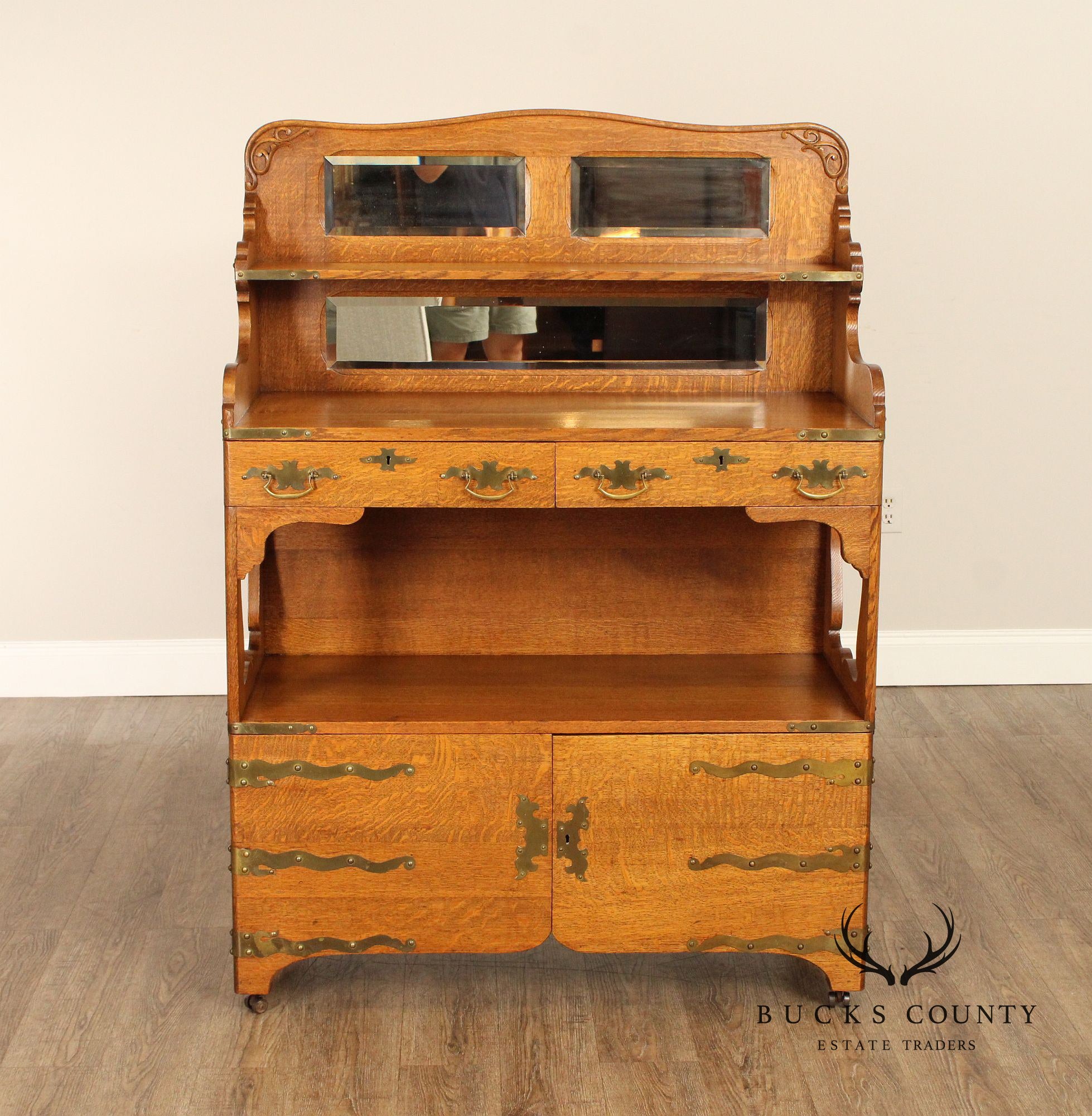 Antique Victorian Golden Oak Sideboard With Mirrored Back