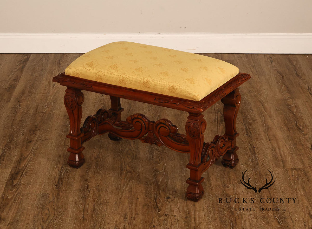Victorian Style Carved Wood Upholstered Bench