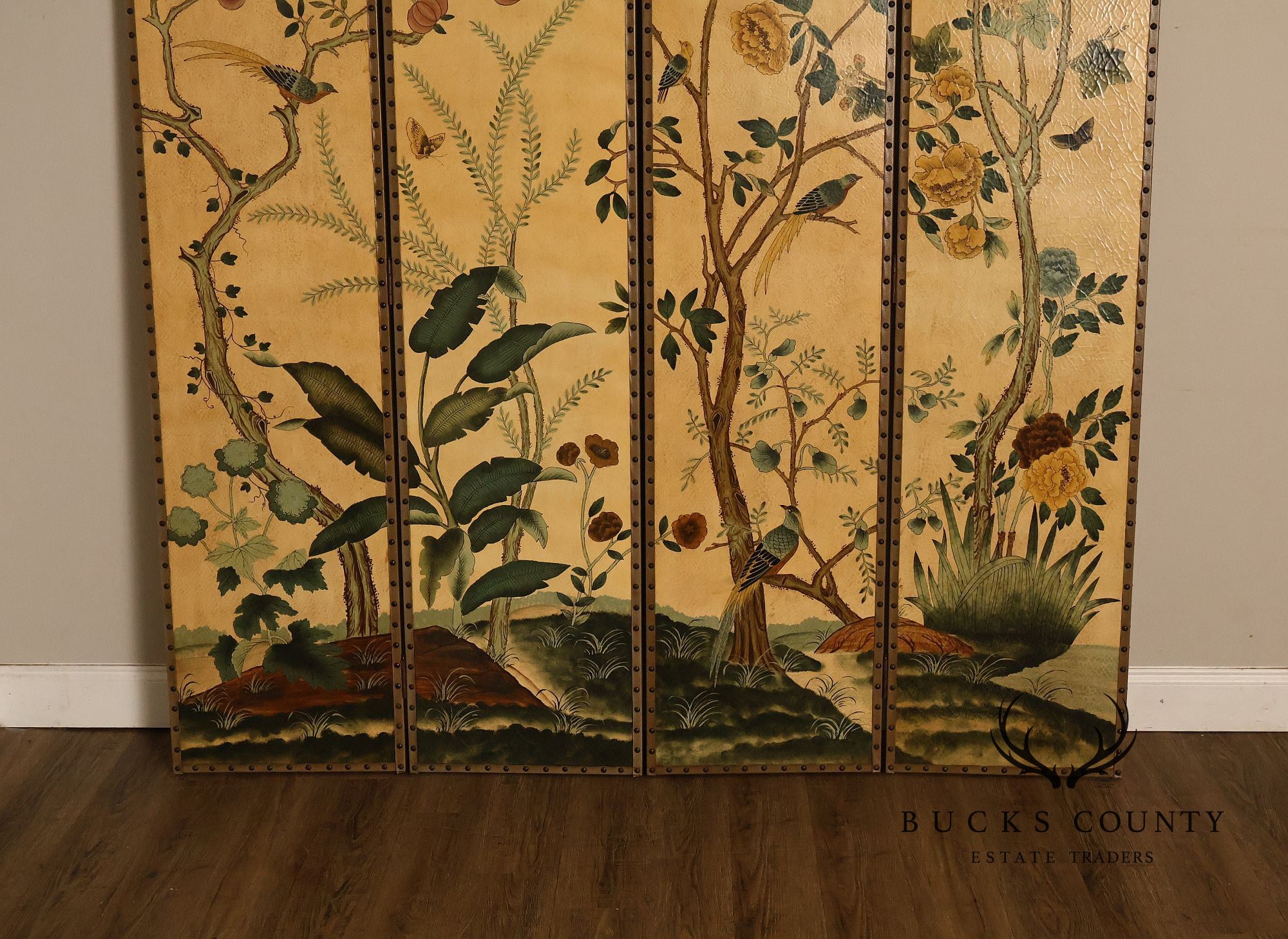 Decorative Crafts Chinoiserie Style Four Panel Hand-Painted Folding Screen