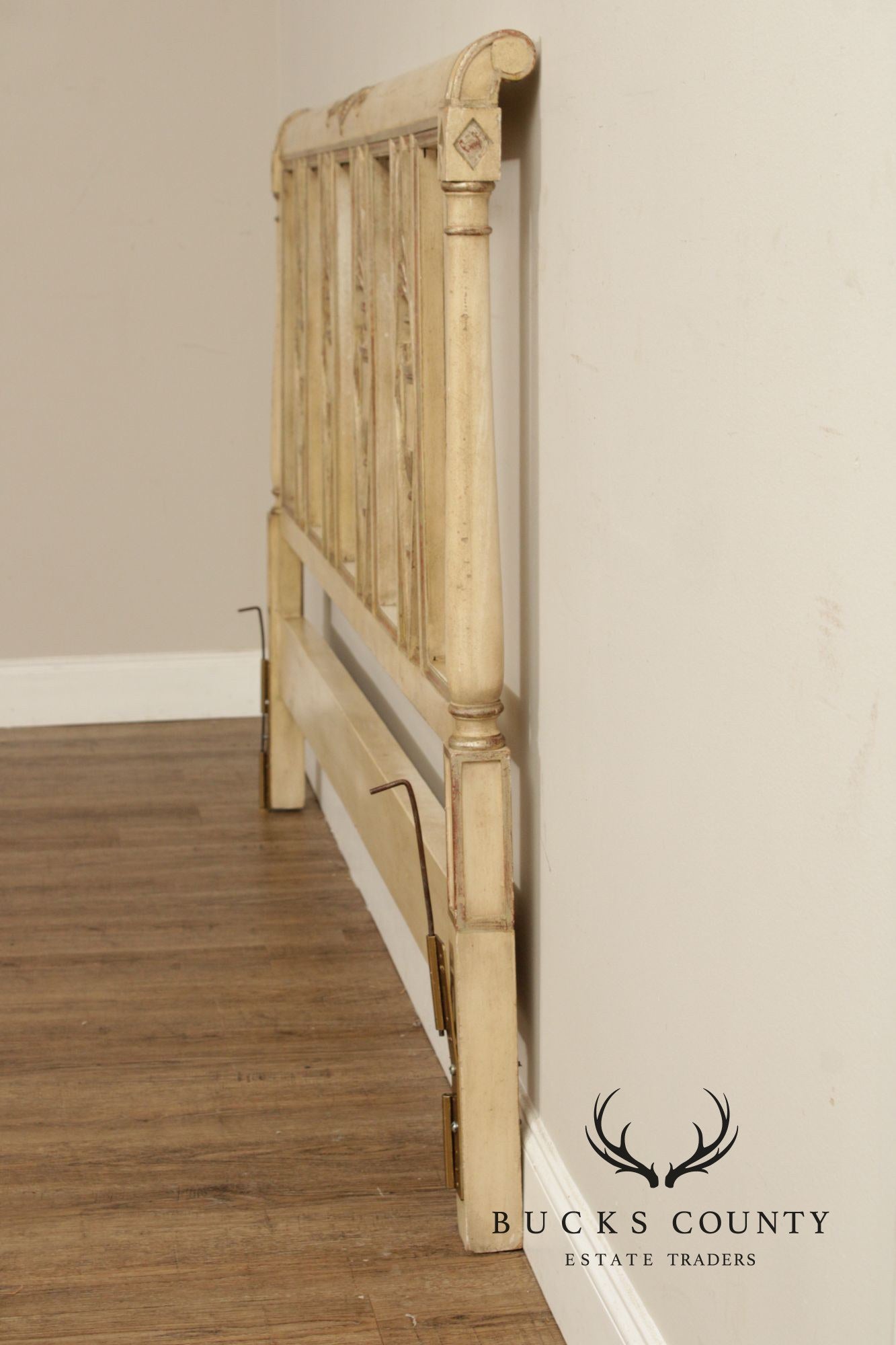 French Neoclassical Directoire Style Distress Painted King Headboard
