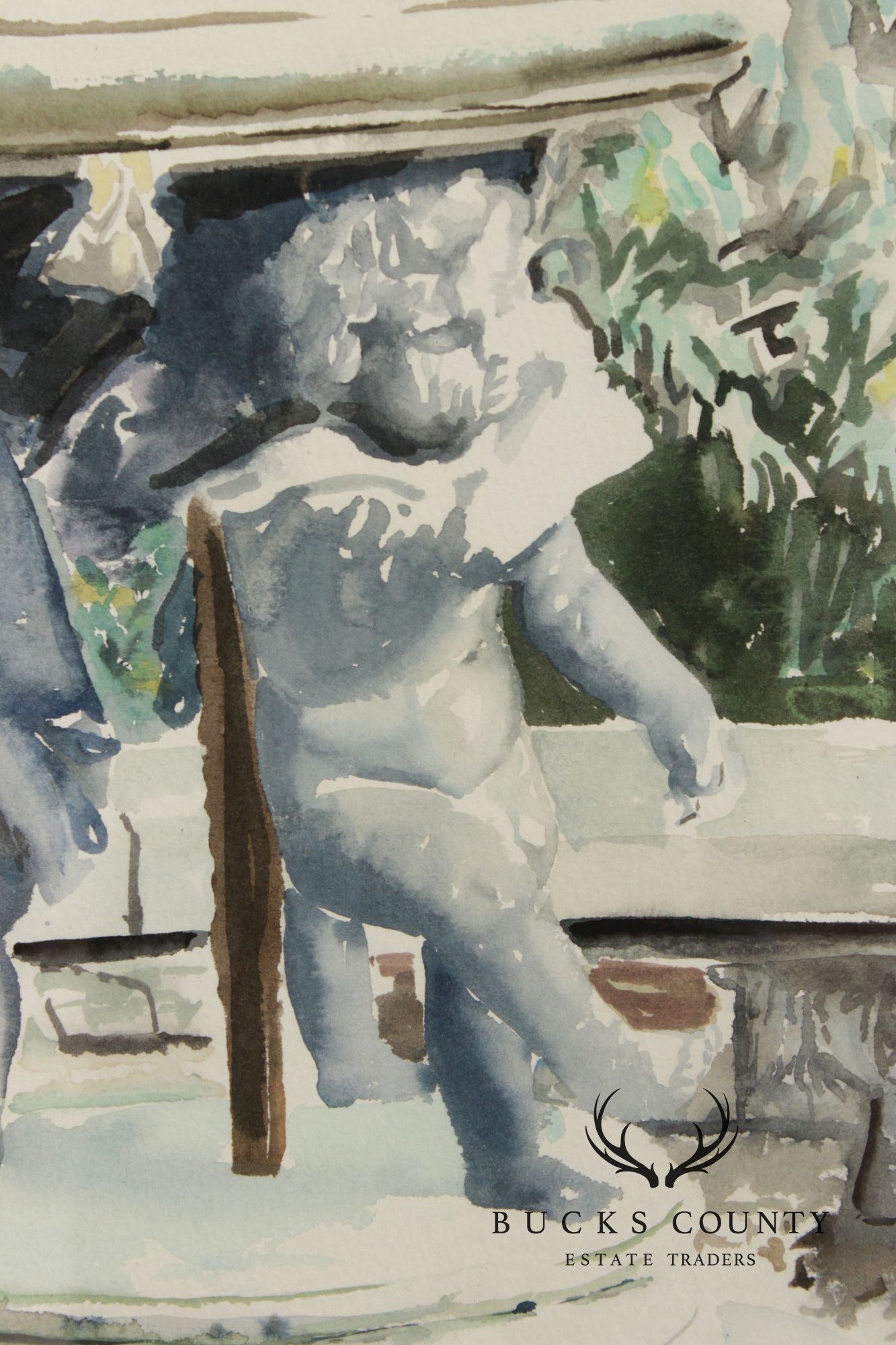 Raimond Del Noce Watercolor, Garden Fountain