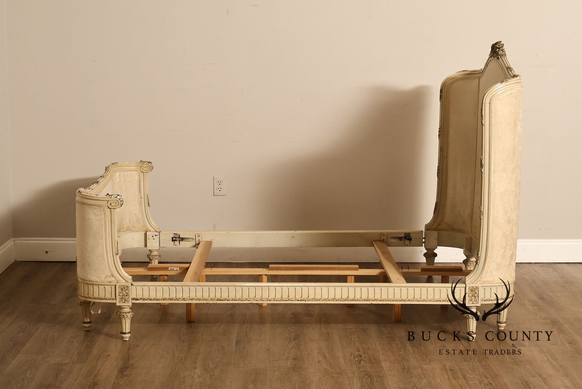 Antique French Louis XVI Style Painted & Upholstered Full Size Bed Frame