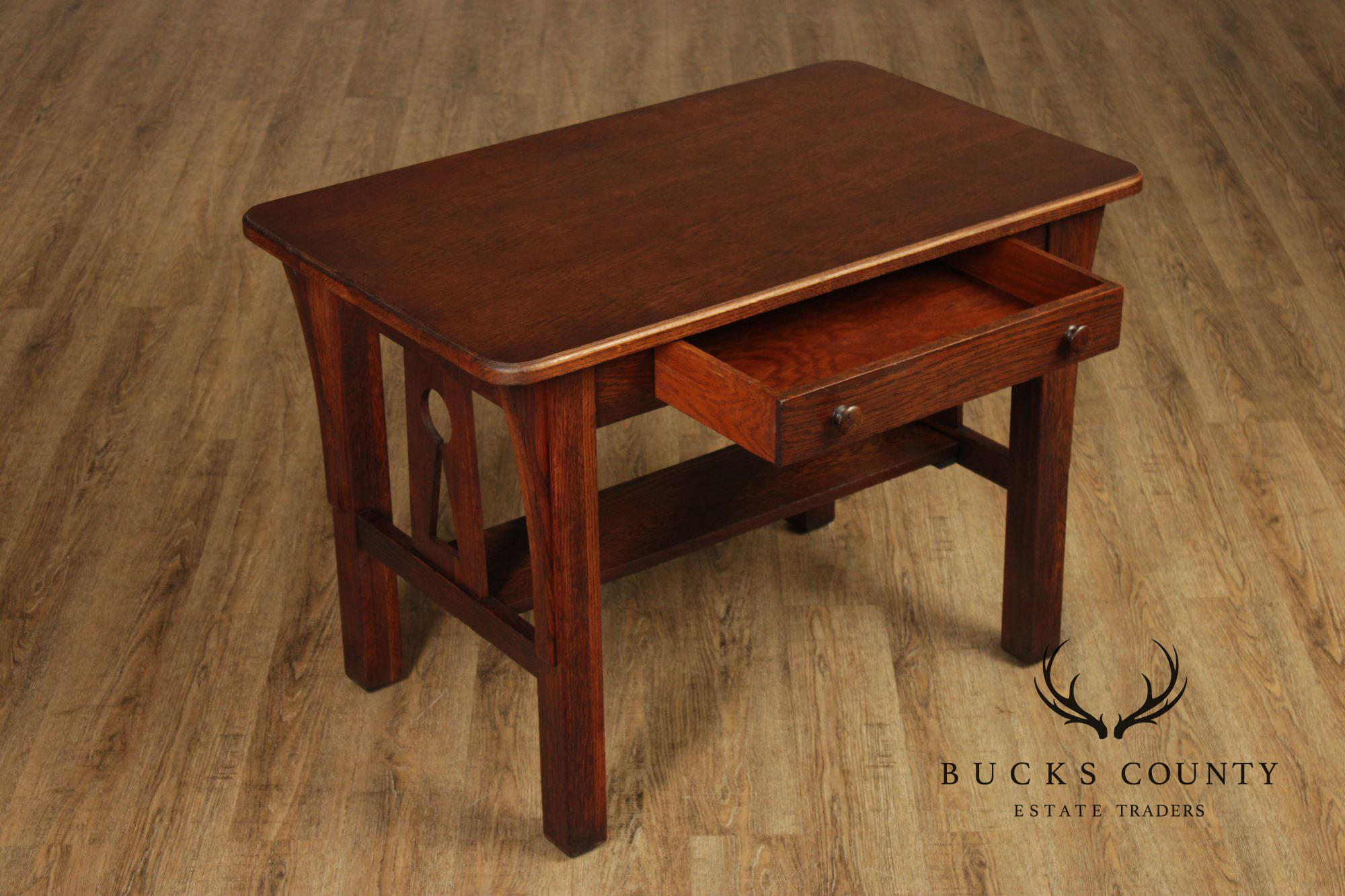 Antique Mission Oak Arts & Crafts Writing Desk With Drawer And Cutout Sides