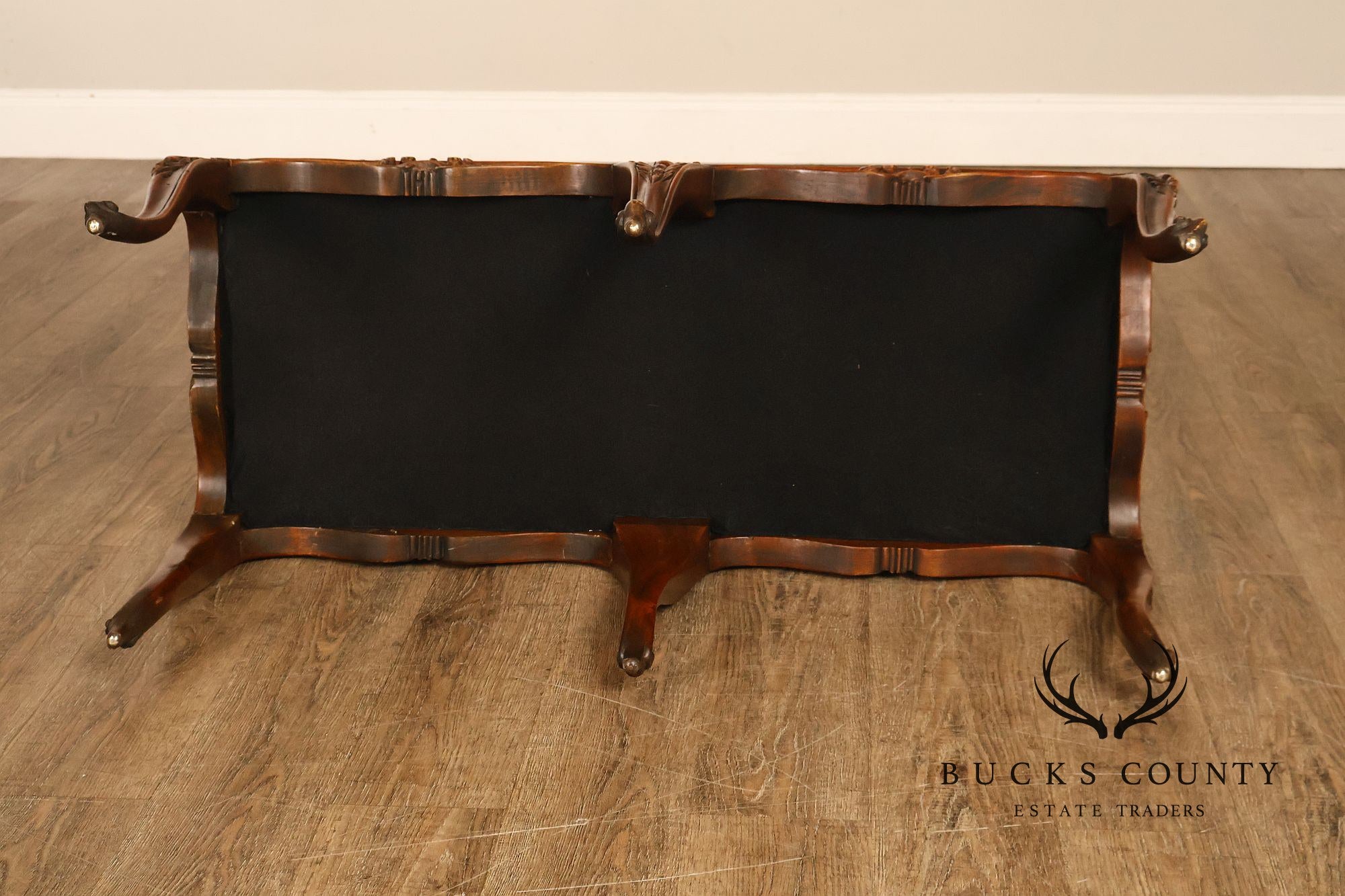 Rococo Style Leather Upholstered Carved Mahogany Window Bench