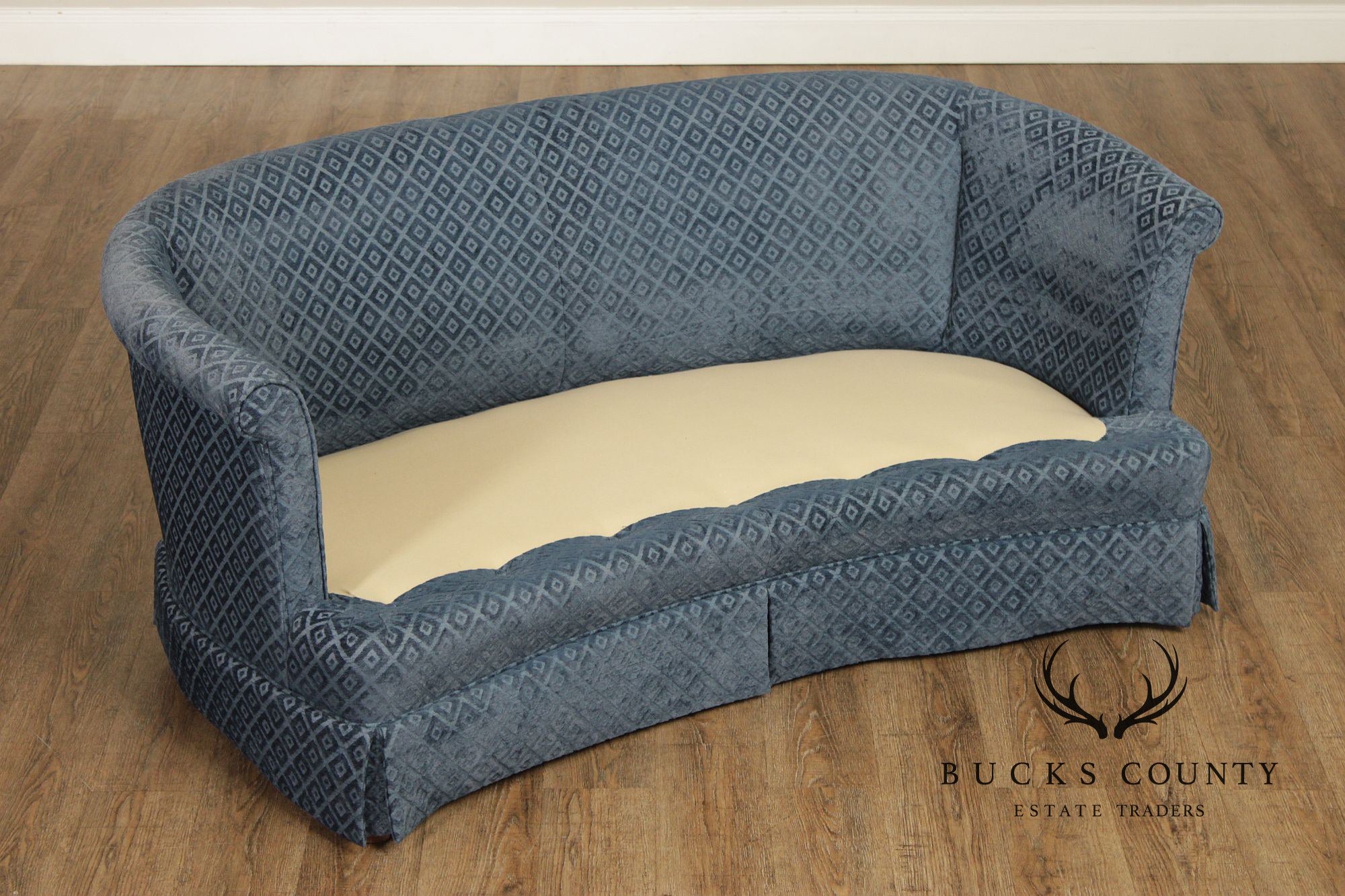 Custom Upholstered Blue Diamond Pattern Curved Loveseat