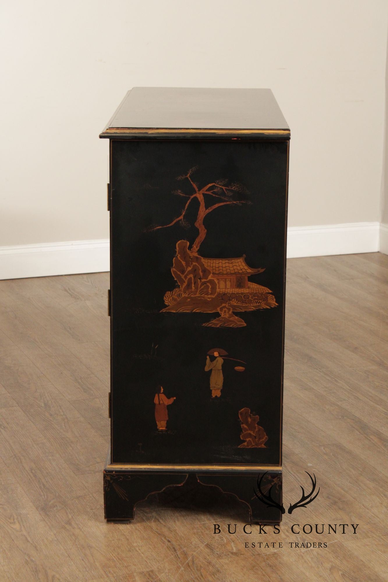 Georgian Furnishing Co. Pair Of Black Lacquer Chinoiserie Cabinets