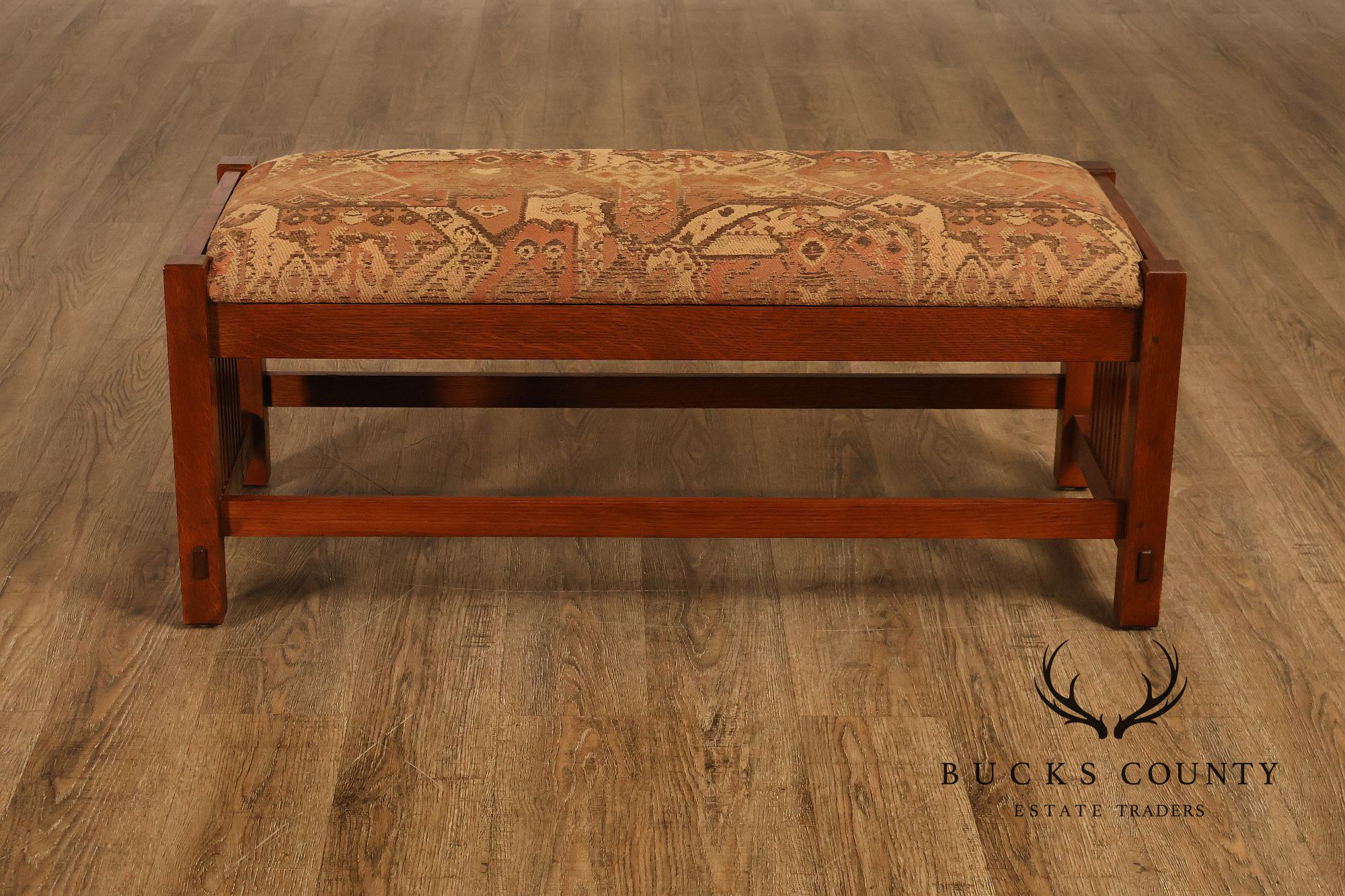 Stickley Mission Collection Oak Spindle Bench With Upholstered Seat