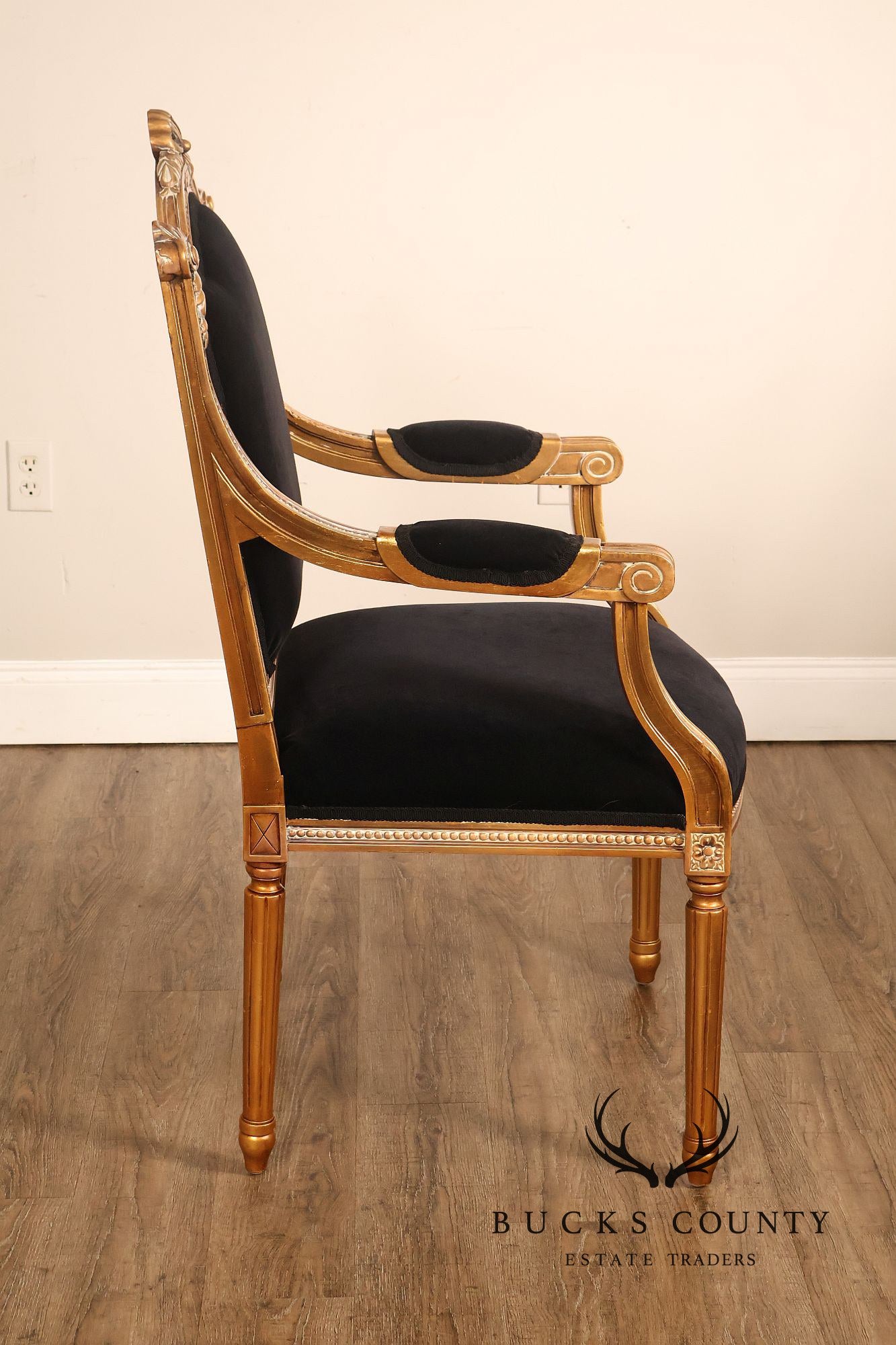 Louis XVI Style Giltwood Armchair With Black Upholstery