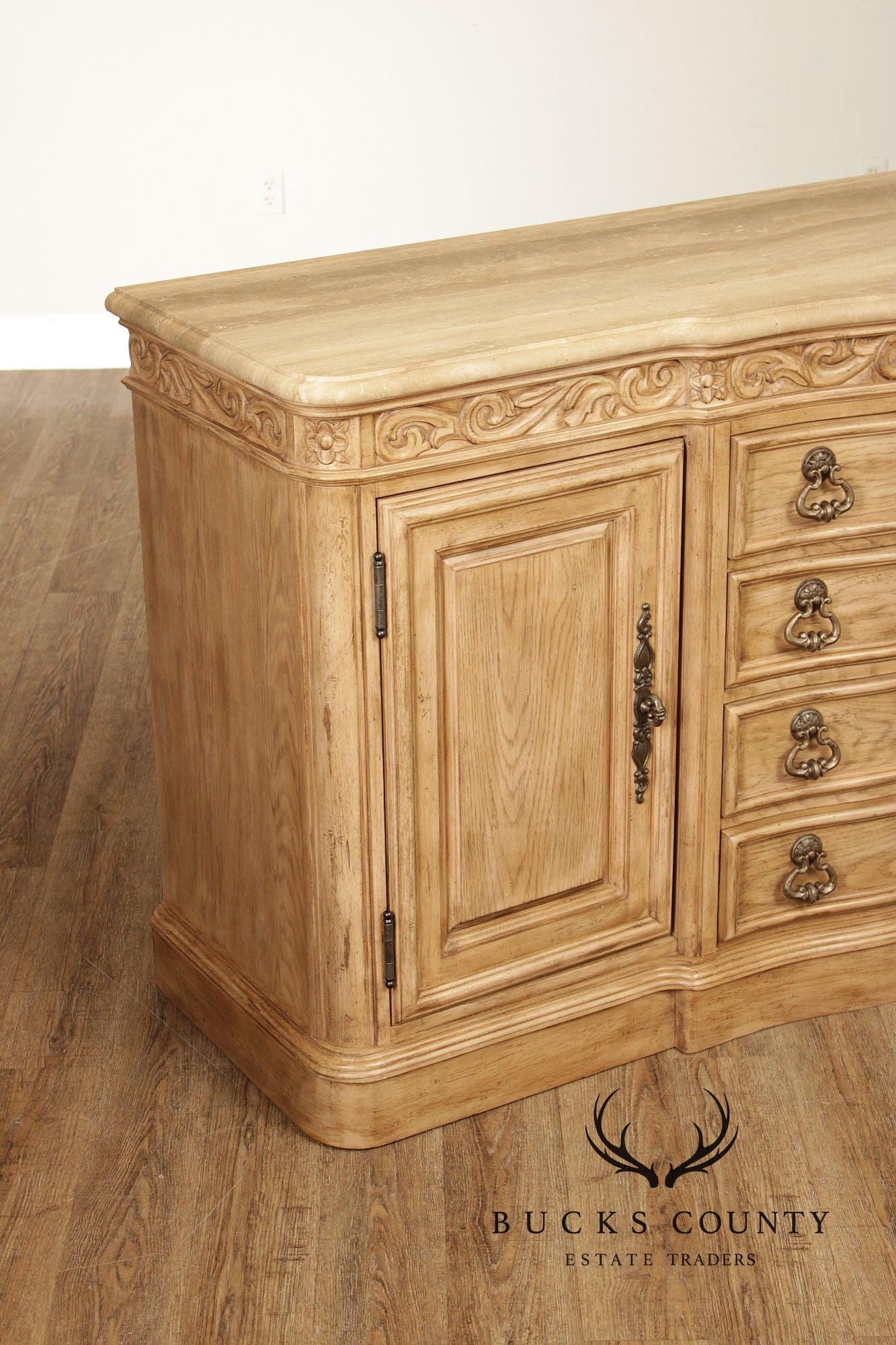 Bernhardt Tuscan Style Carved Cerused Oak Sideboard With Travertine Top