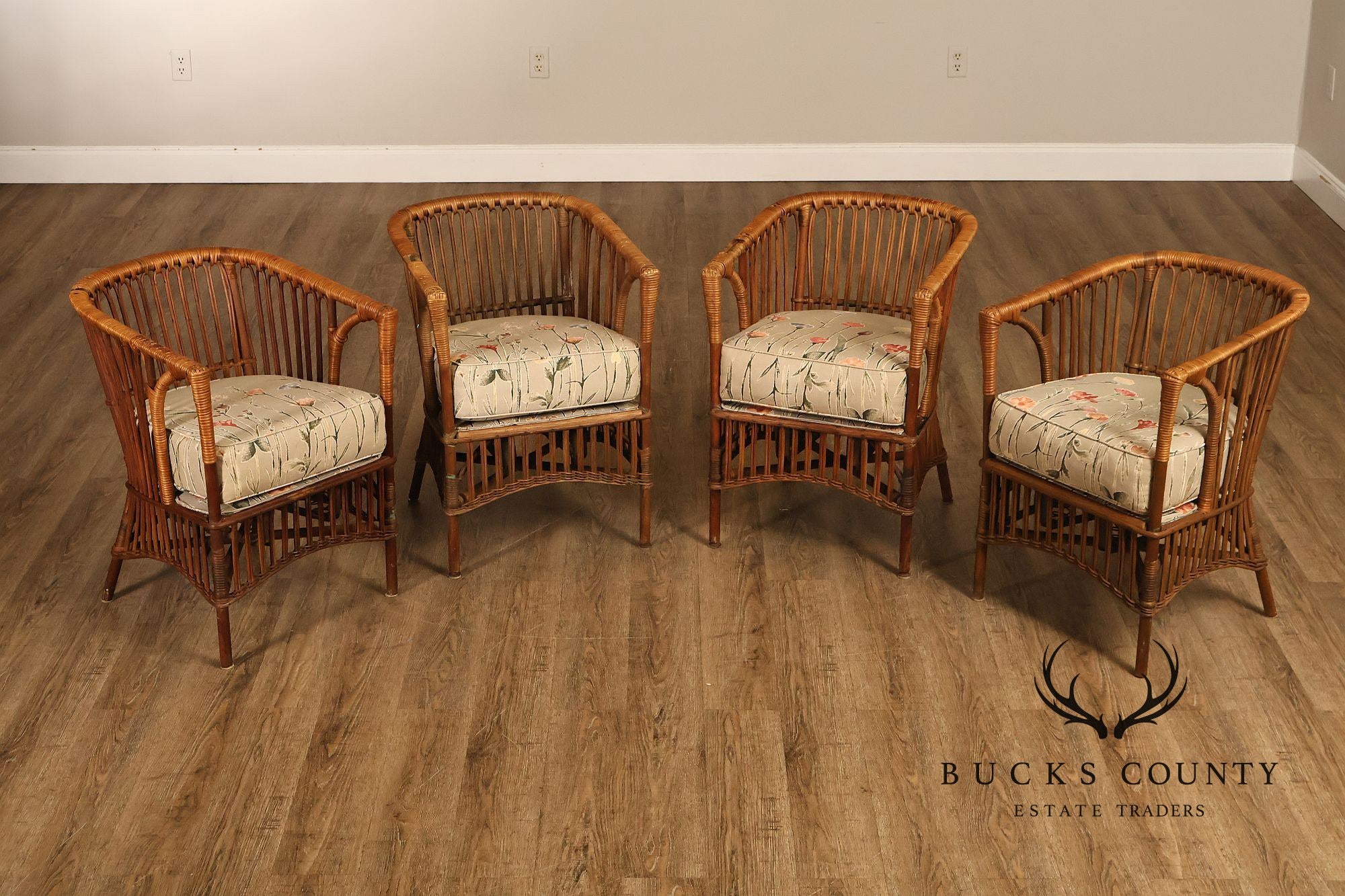 Antique Set Of Four Split Reed Rattan Armchairs With Floral Cushions