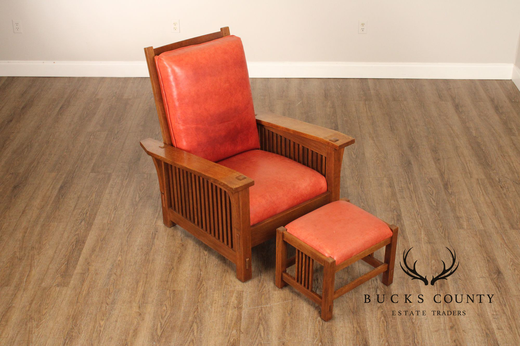 Stickley Mission Oak Collection Bow Arm Morris Chair and Ottoman