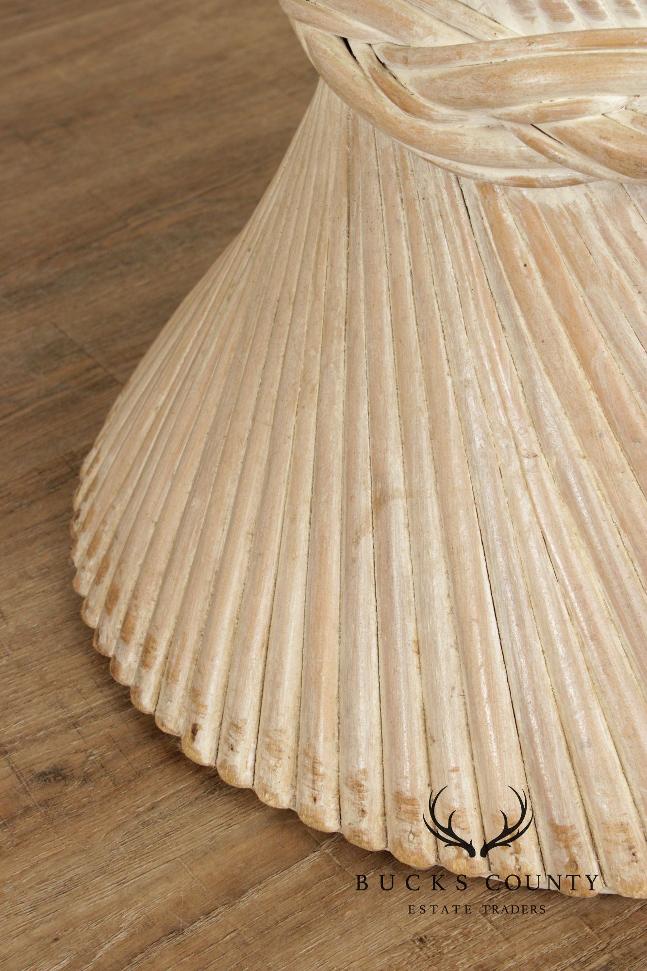 Hollywood Regency Rattan Wheat Sheaf Round Glass Top Pedestal Dining Table