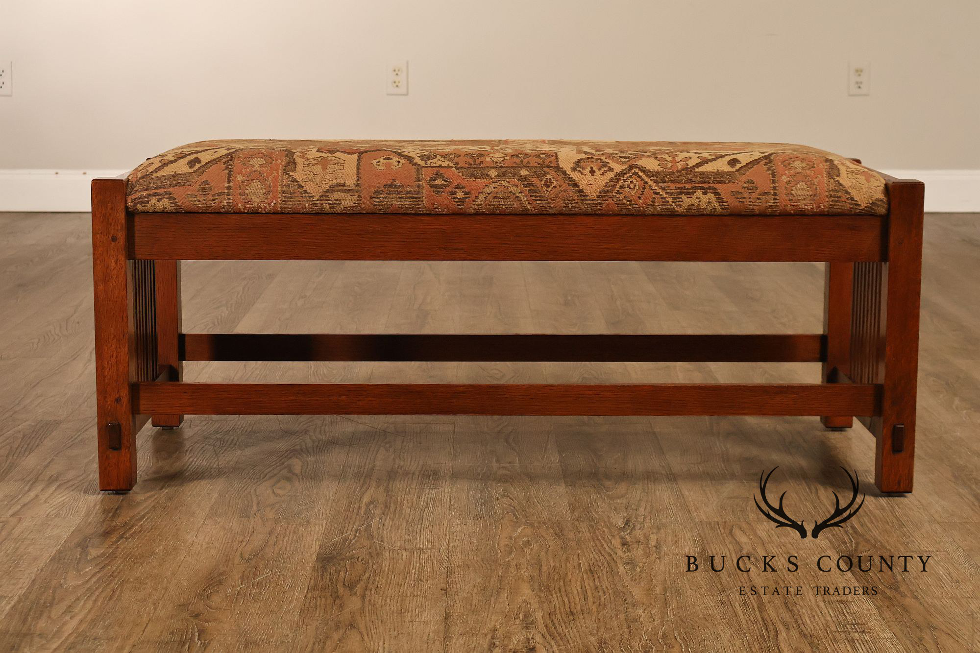 Stickley Mission Collection Oak Spindle Bench With Upholstered Seat