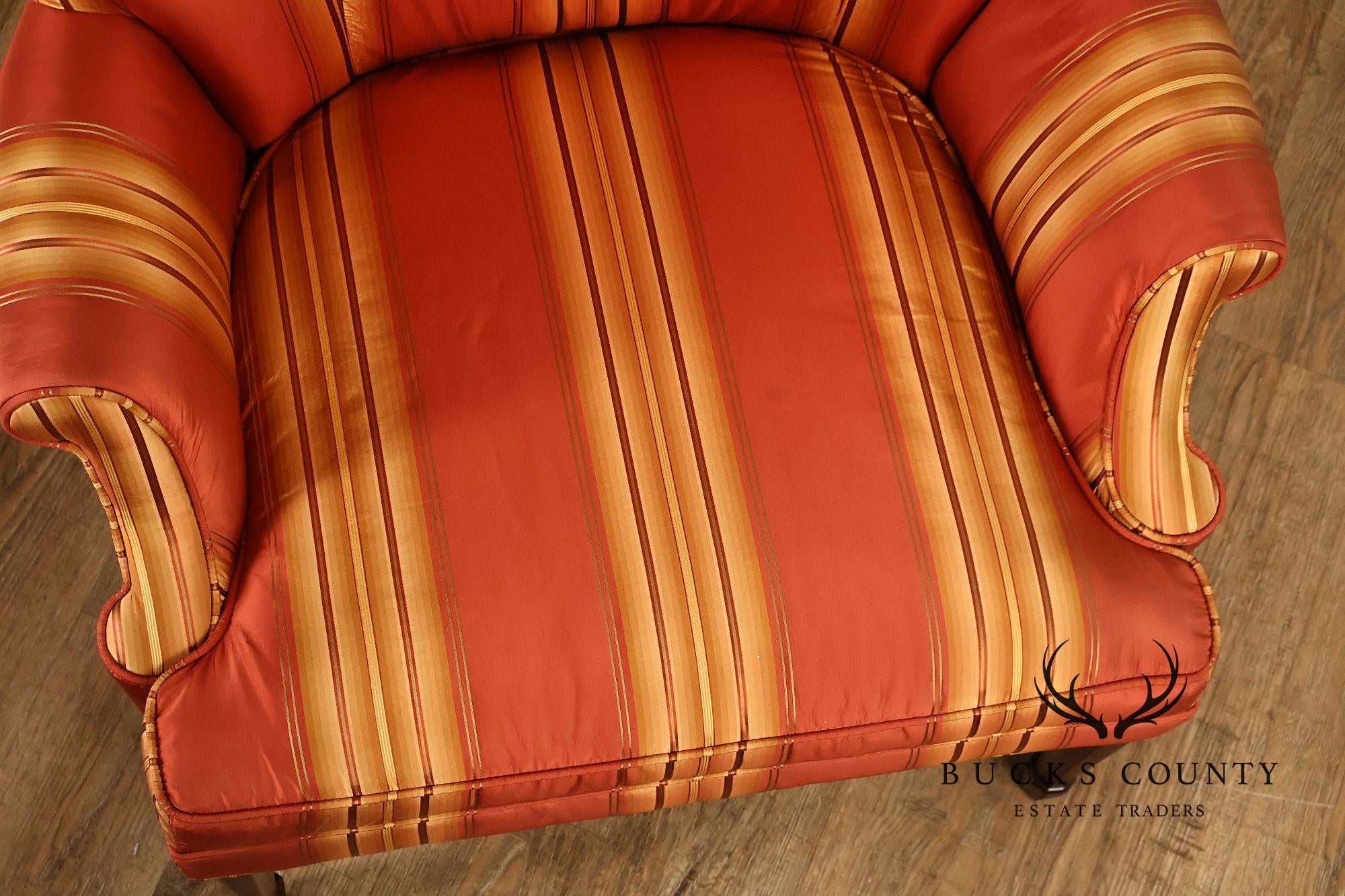 Custom Quality Pair Of Mahogany Fanback Wing Chairs
