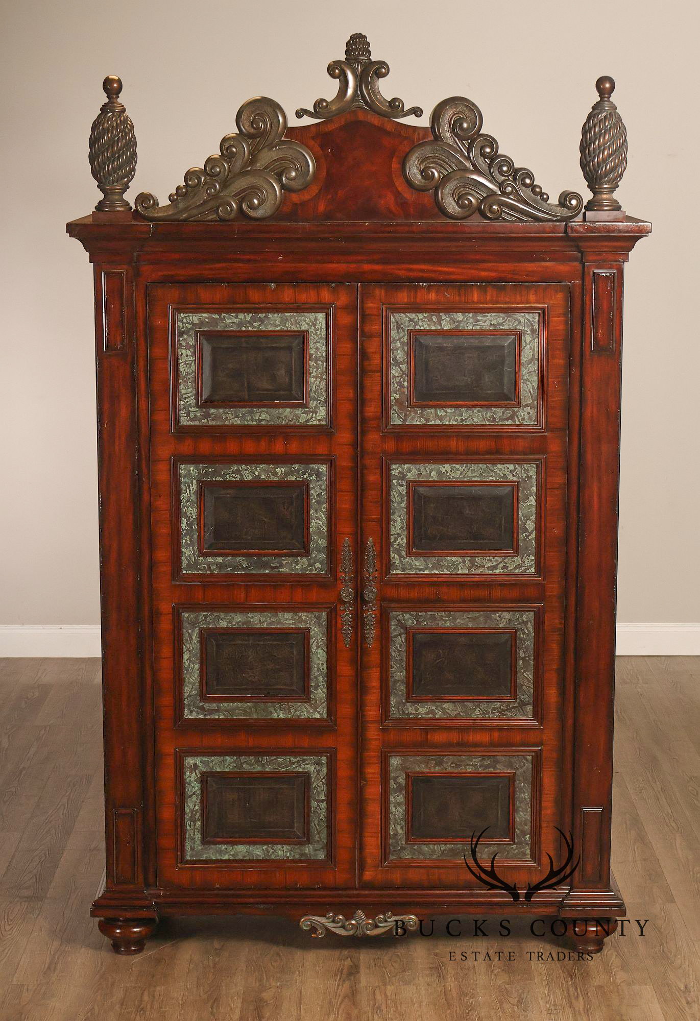 Maitland-Smith Large Mahogany Armoire Cabinet With Bronze Scrollwork Finials And Raised Panel Doors