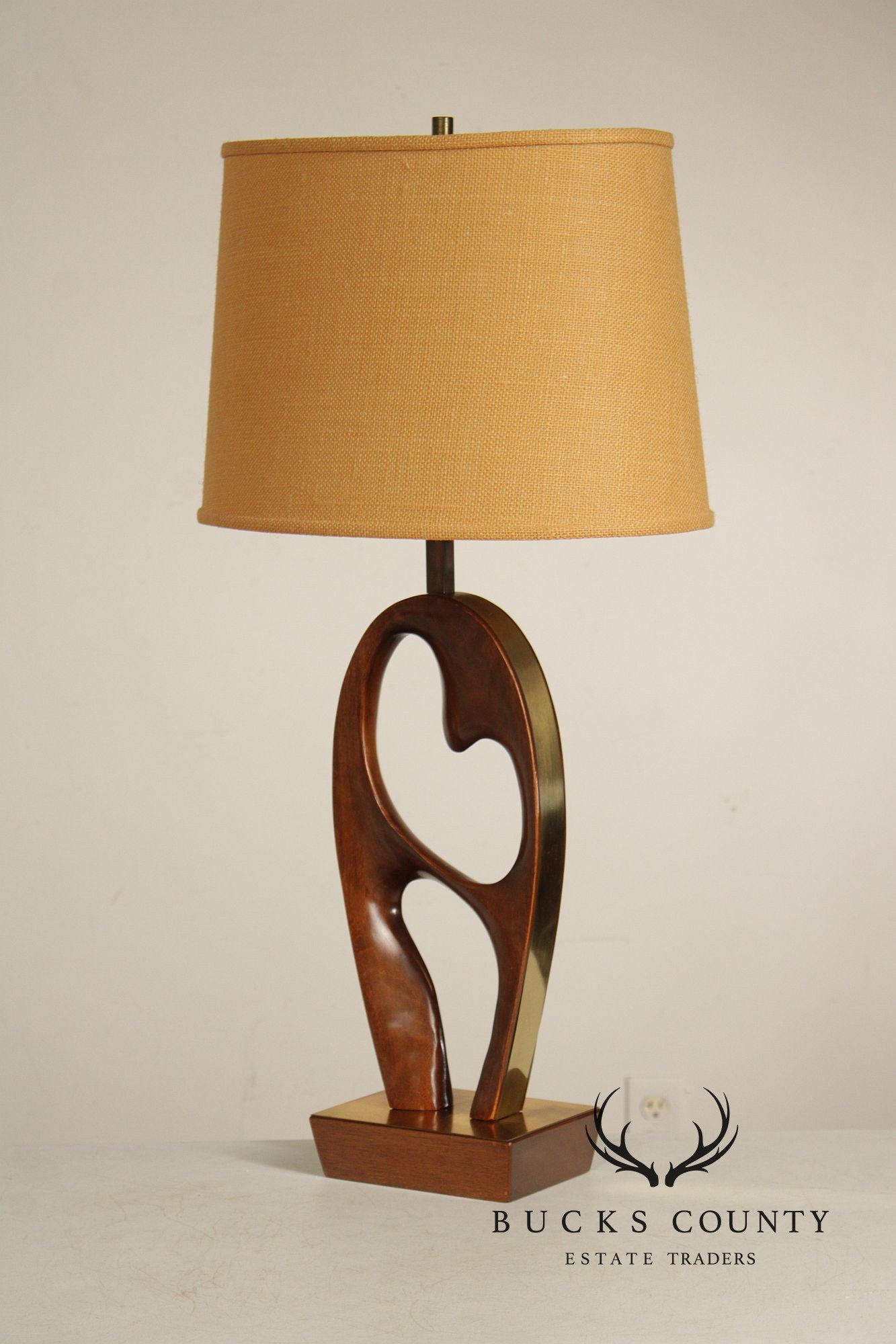 Mid Century Modern Sculpted Brass and Walnut Table Lamp By Modeline