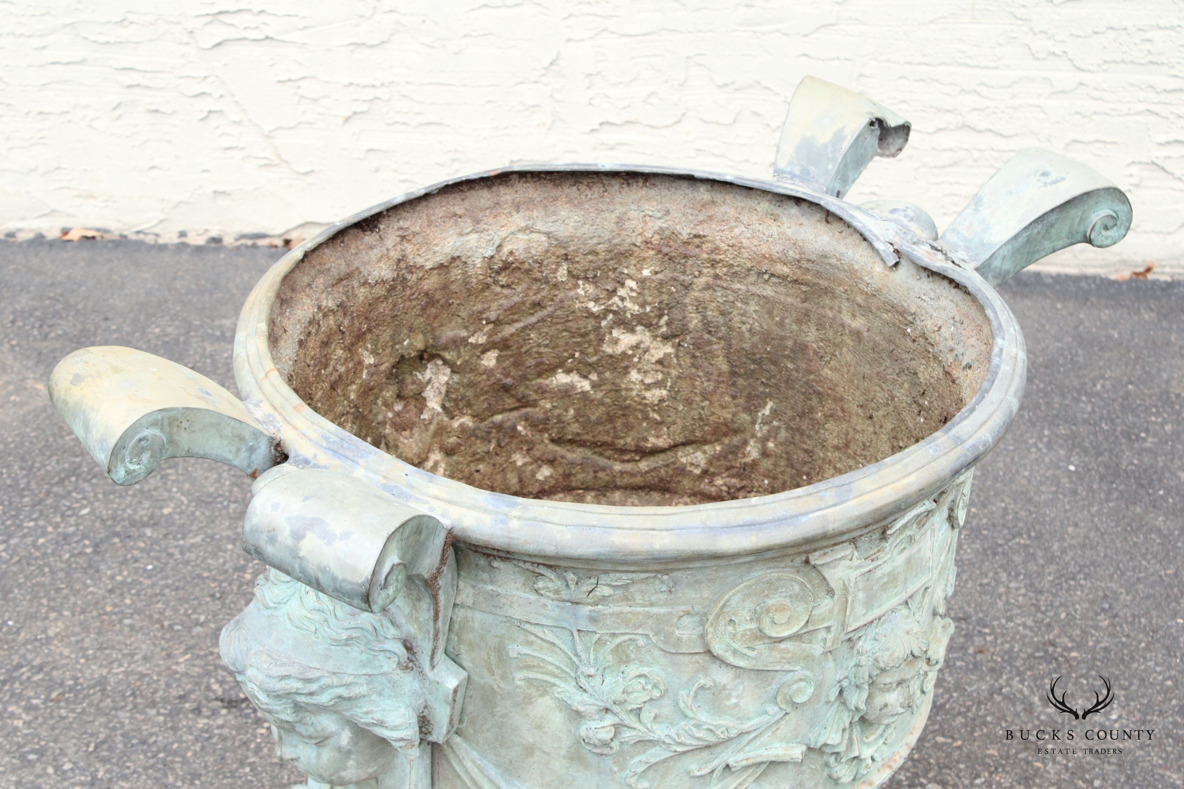 Antique Pair of Lead Alloy Outdoor Garden Urns