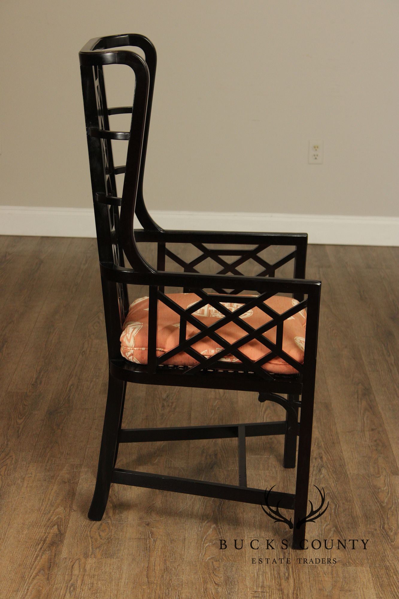 Chinese Chippendale Style Pair of Black Lacquer Armchairs