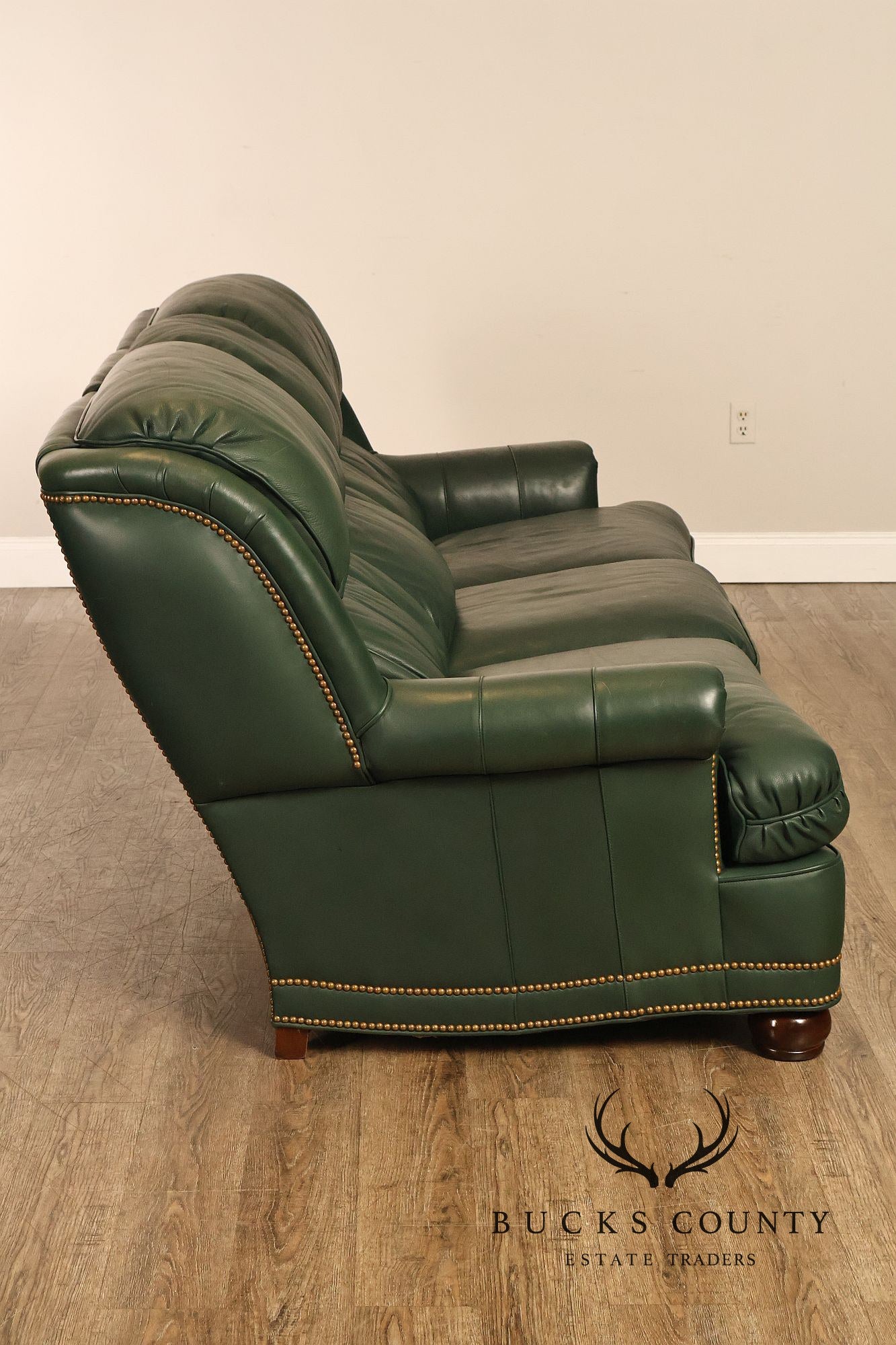 Hancock & Moore Green Leather Nailhead Trim Sofa