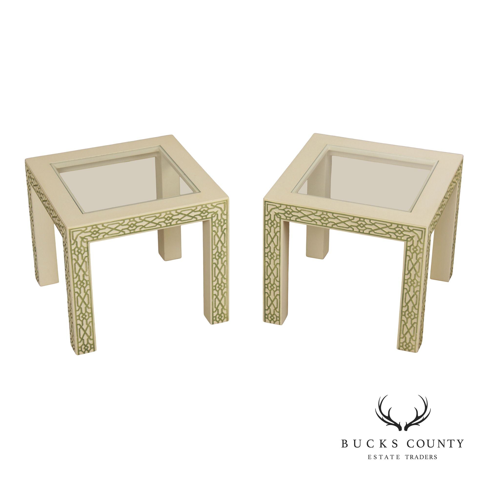 Hollywood Regency Pair Of Lacquered Greek Key Glass Top End Tables
