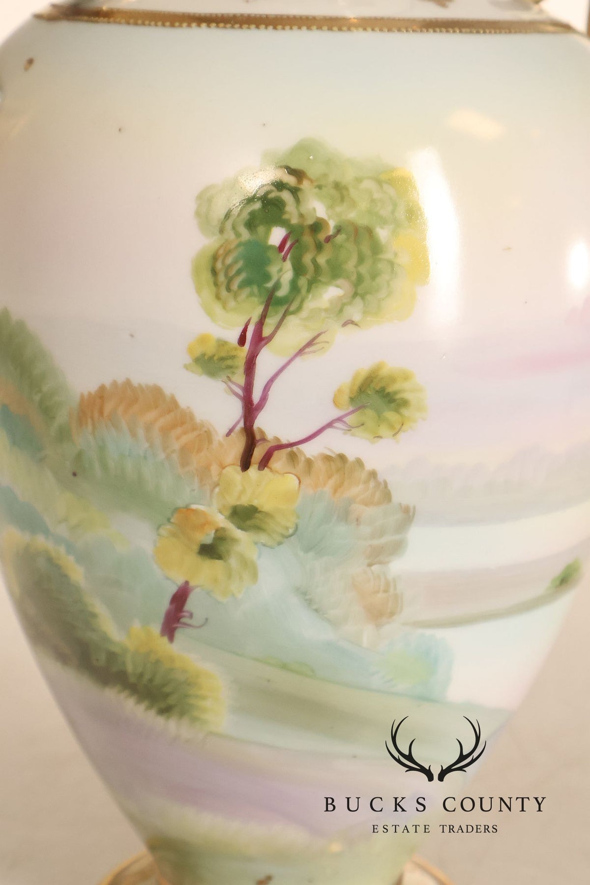 Antique Hand Painted Nippon Porcelain Twin Handle Landscape Urn With Gilt Decoration