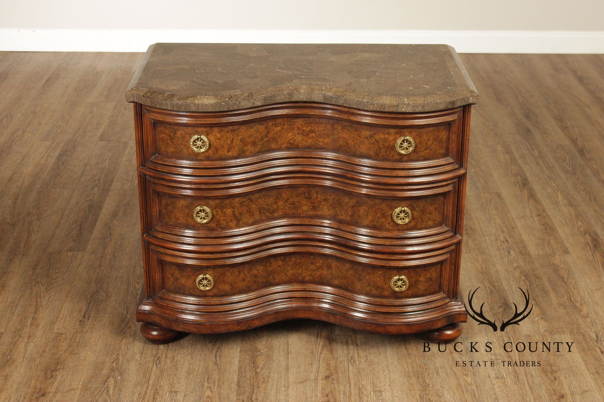 Maitland-Smith Pair of Baroque Style Tessellated Marble Top Burlwood Chests