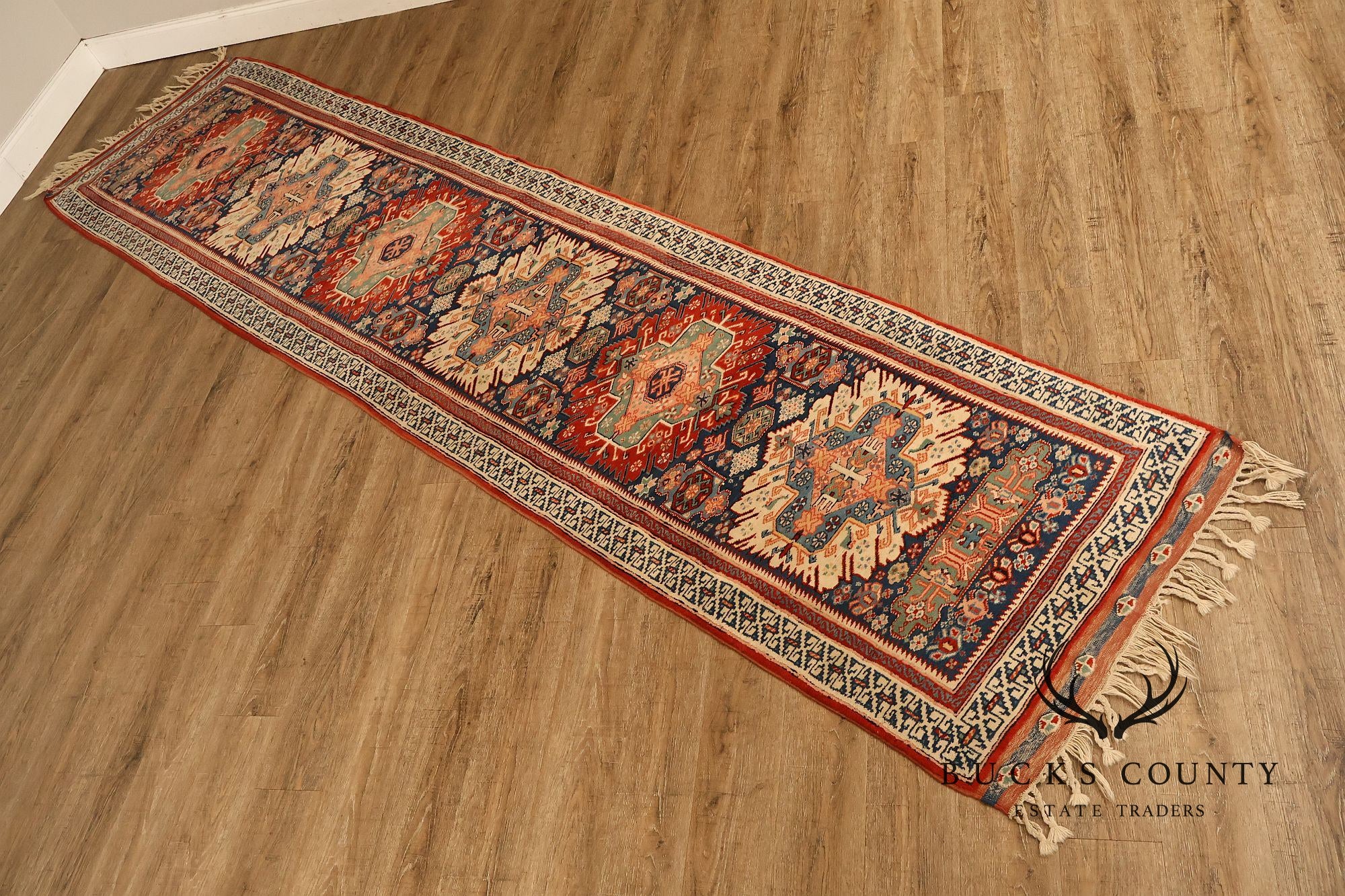 Vintage Hand Tied Wool Kazak Tribal Long Runner Rug