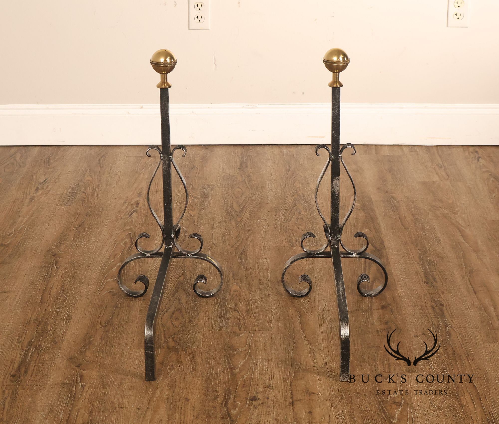 Pair of Italian Wrought Iron And Brass Fireplace Andirons