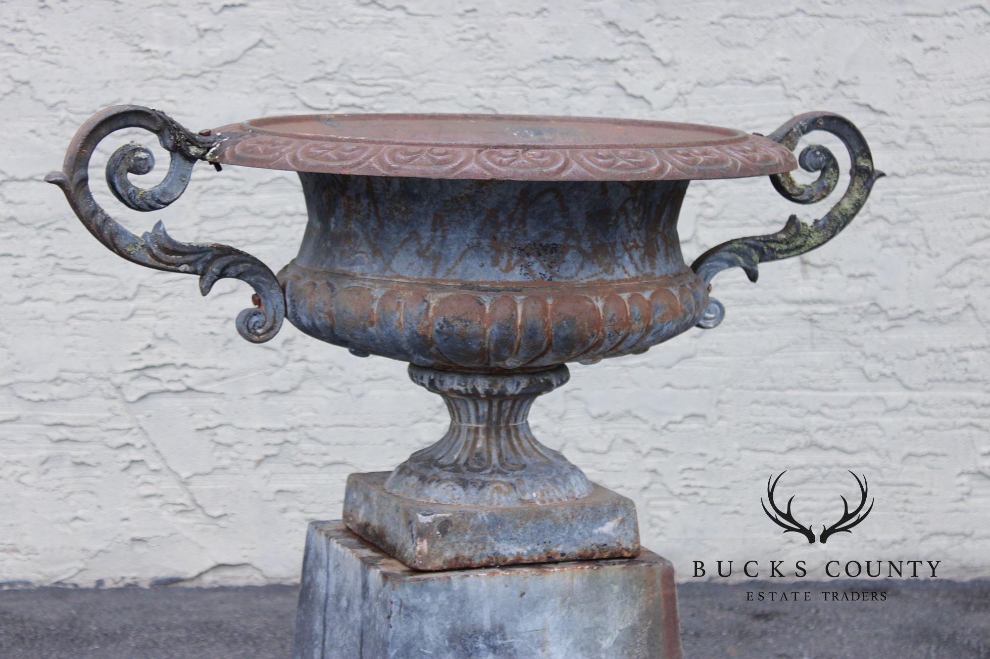 Vintage Cast Iron Neoclassical Garden Urn On Pedestal