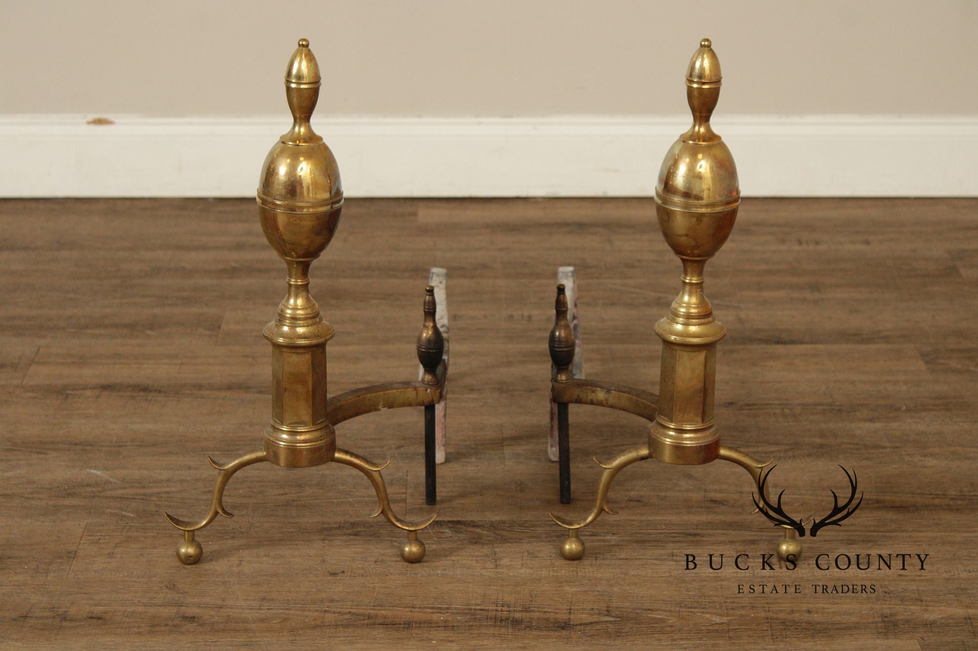 Vintage Federal Style Pair of Brass Andirons