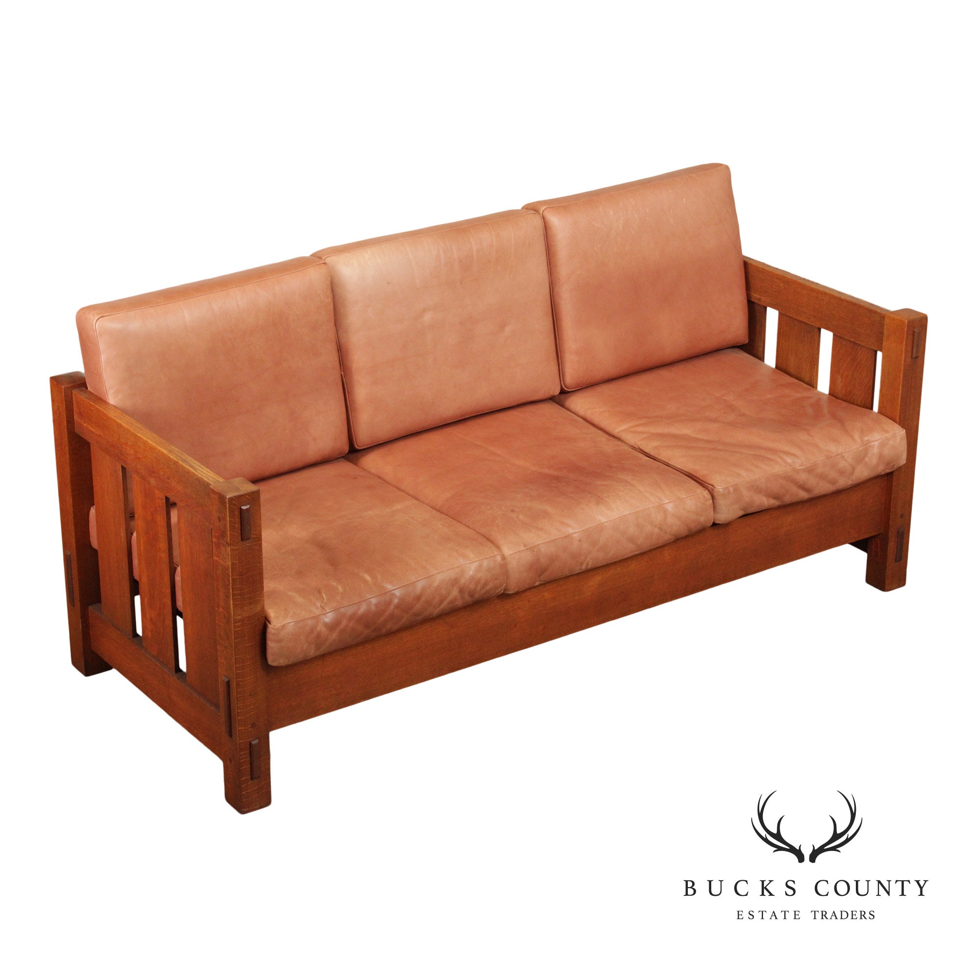 Gustav Stickley Antique Mission Oak and Leather Even-Arm Settle Sofa