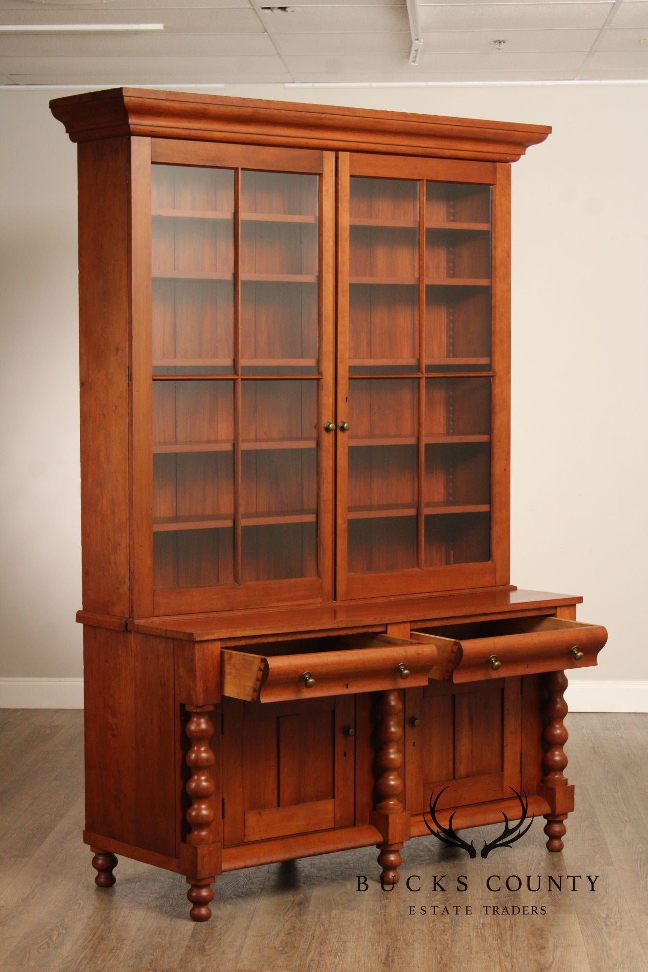 Antique American Empire Large Cherry Stepback Bookcase