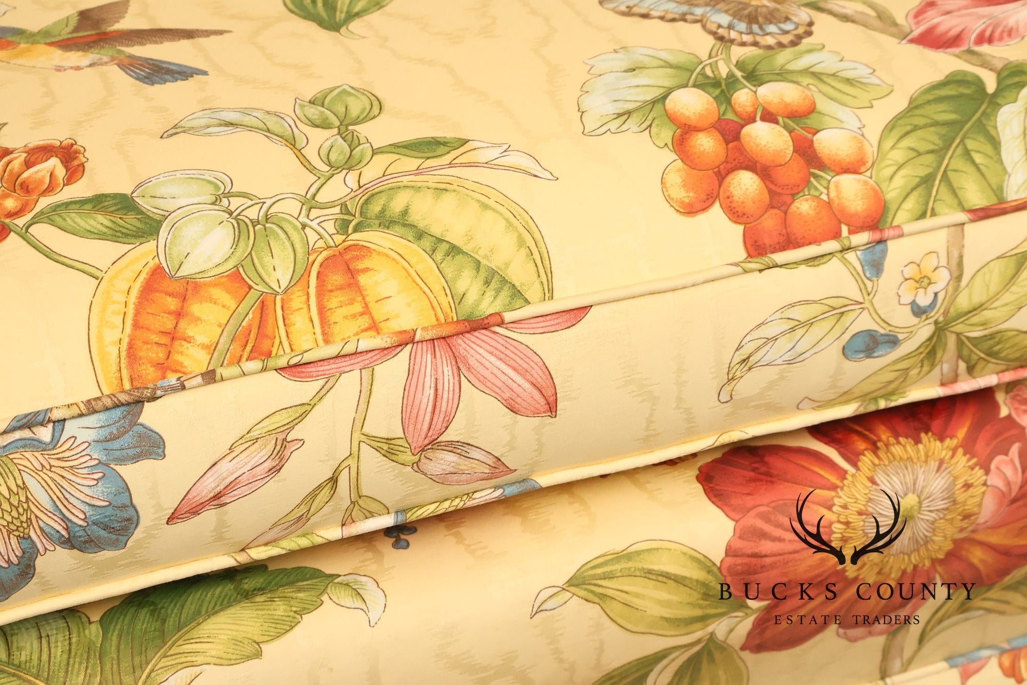 Custom Upholstered Pair Of Floral Chintz Skirted Loveseats