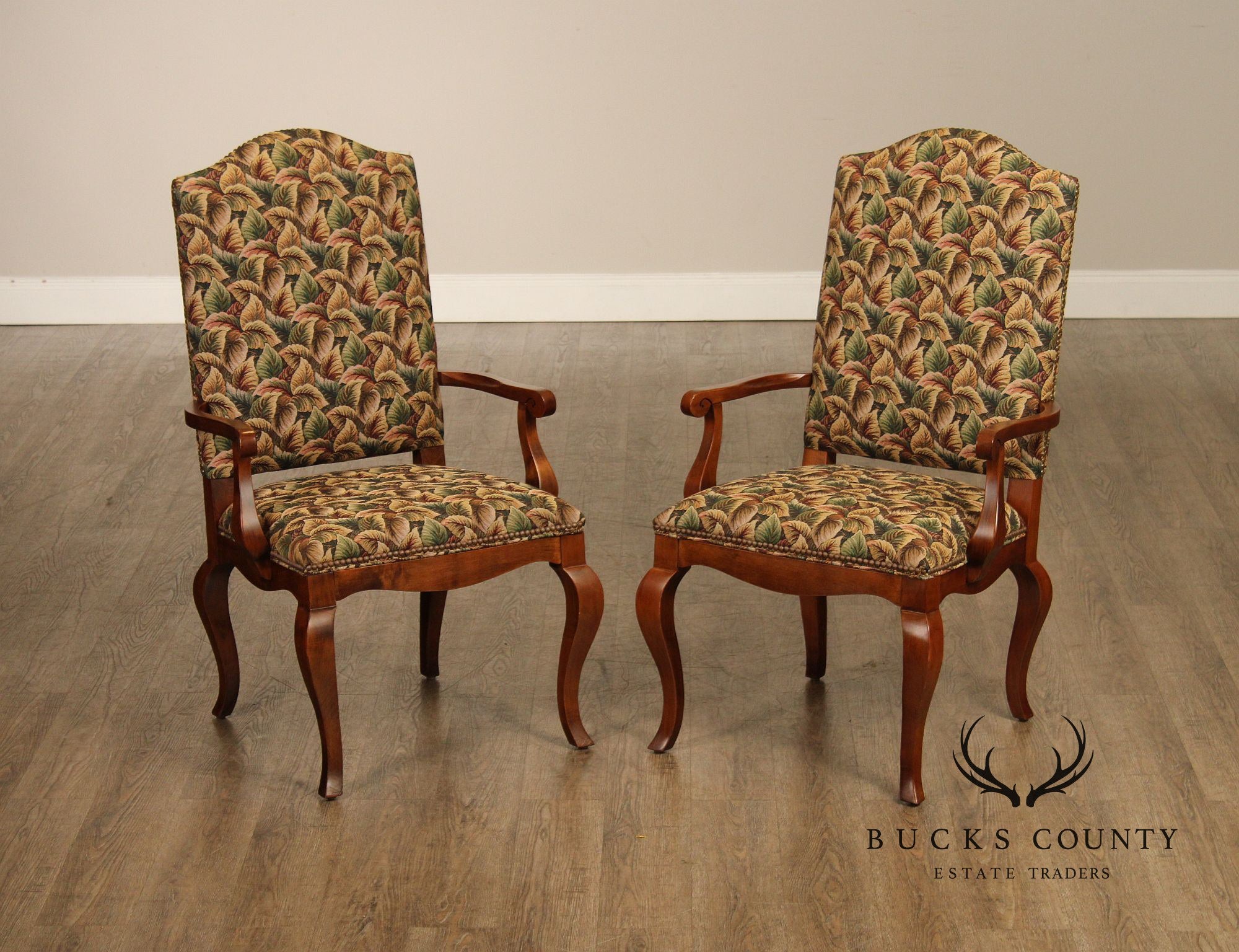 Pair of Ethan Allen Legacy Collection Upholstered Armchairs with Cabriole Legs