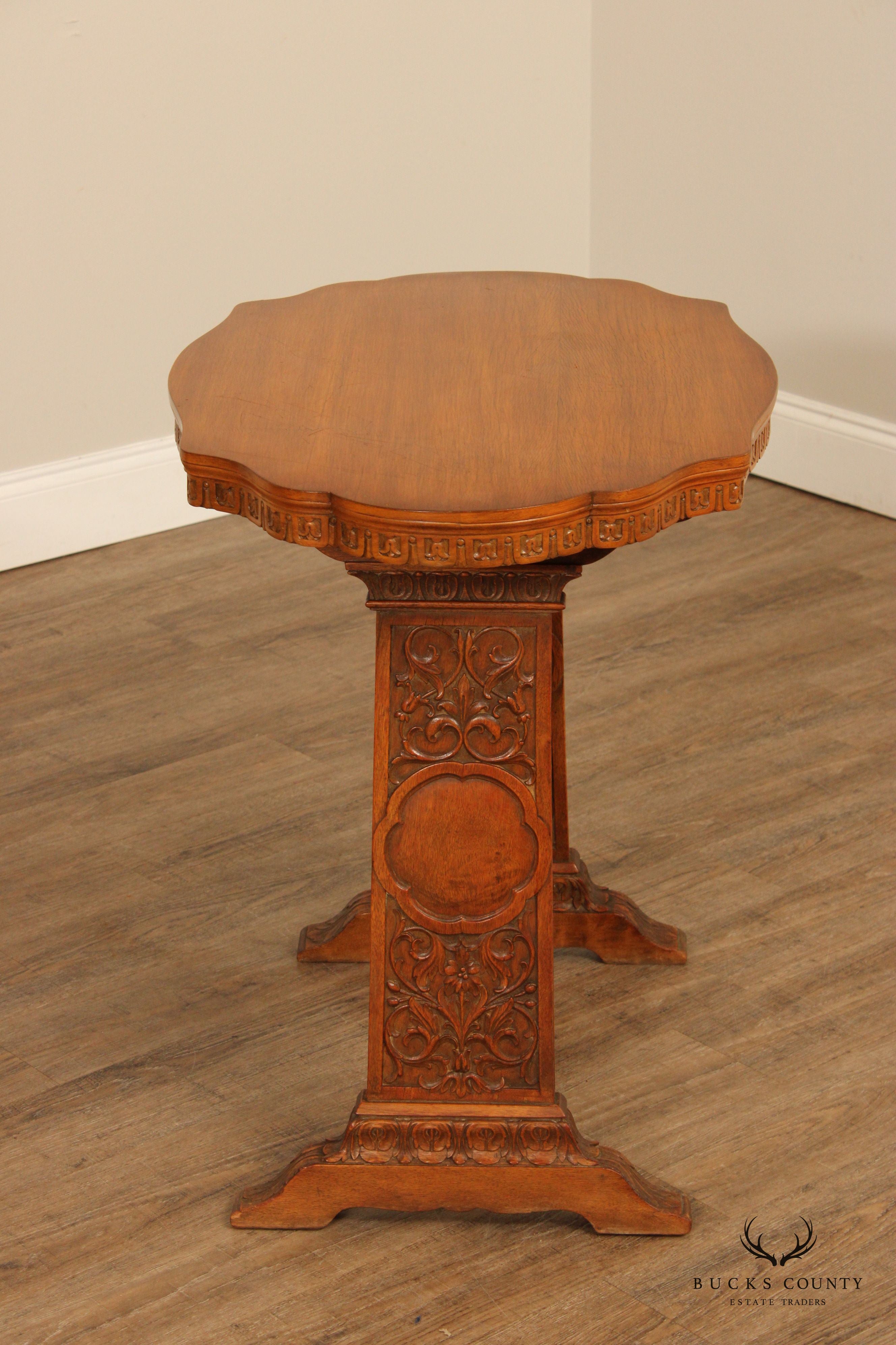 Antique Spanish Revival Carved Oak And Forged Iron Trestle Side Table