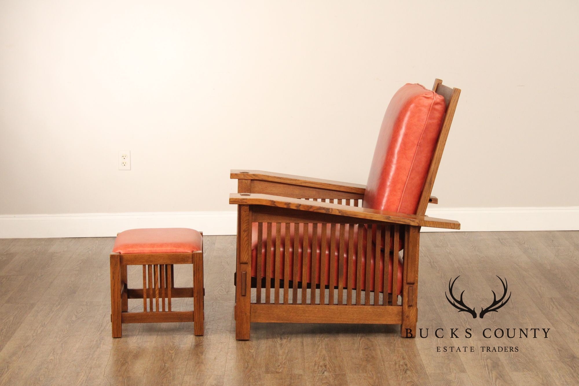 Stickley Mission Oak Collection Bow Arm Morris Chair and Ottoman