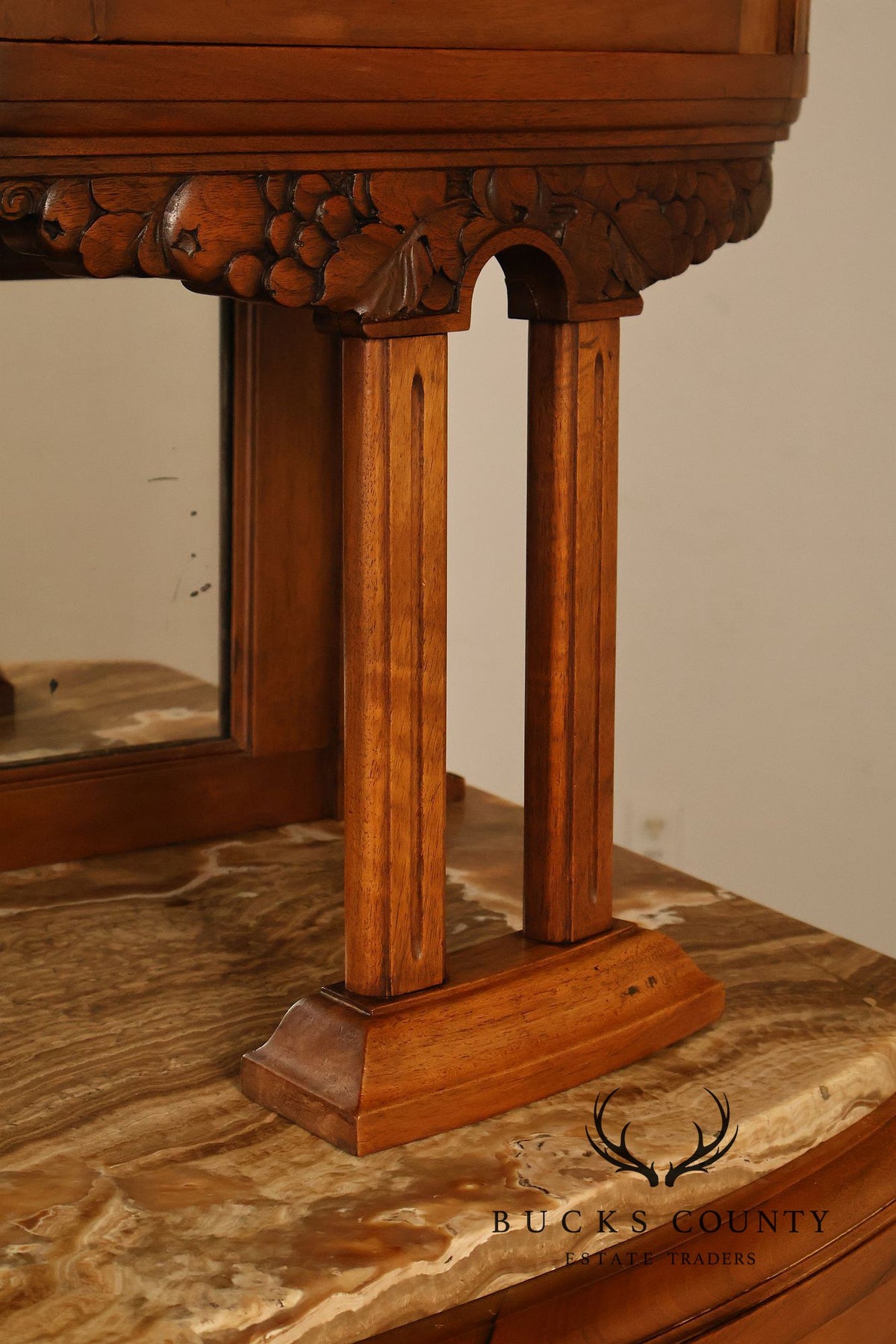 Antique European Art Deco Burl Walnut Marble Top Buffet With Art Nouveau Influence