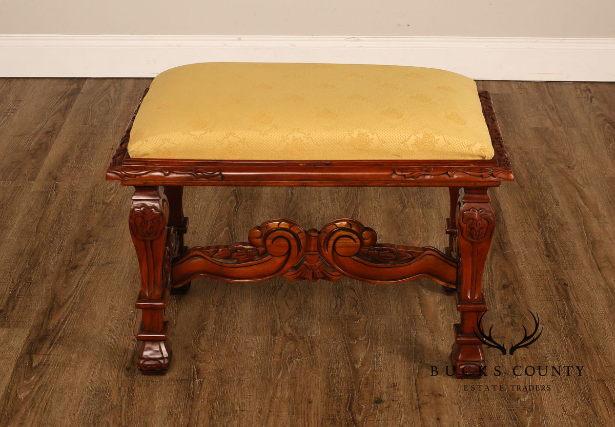 Victorian Style Carved Wood Upholstered Bench